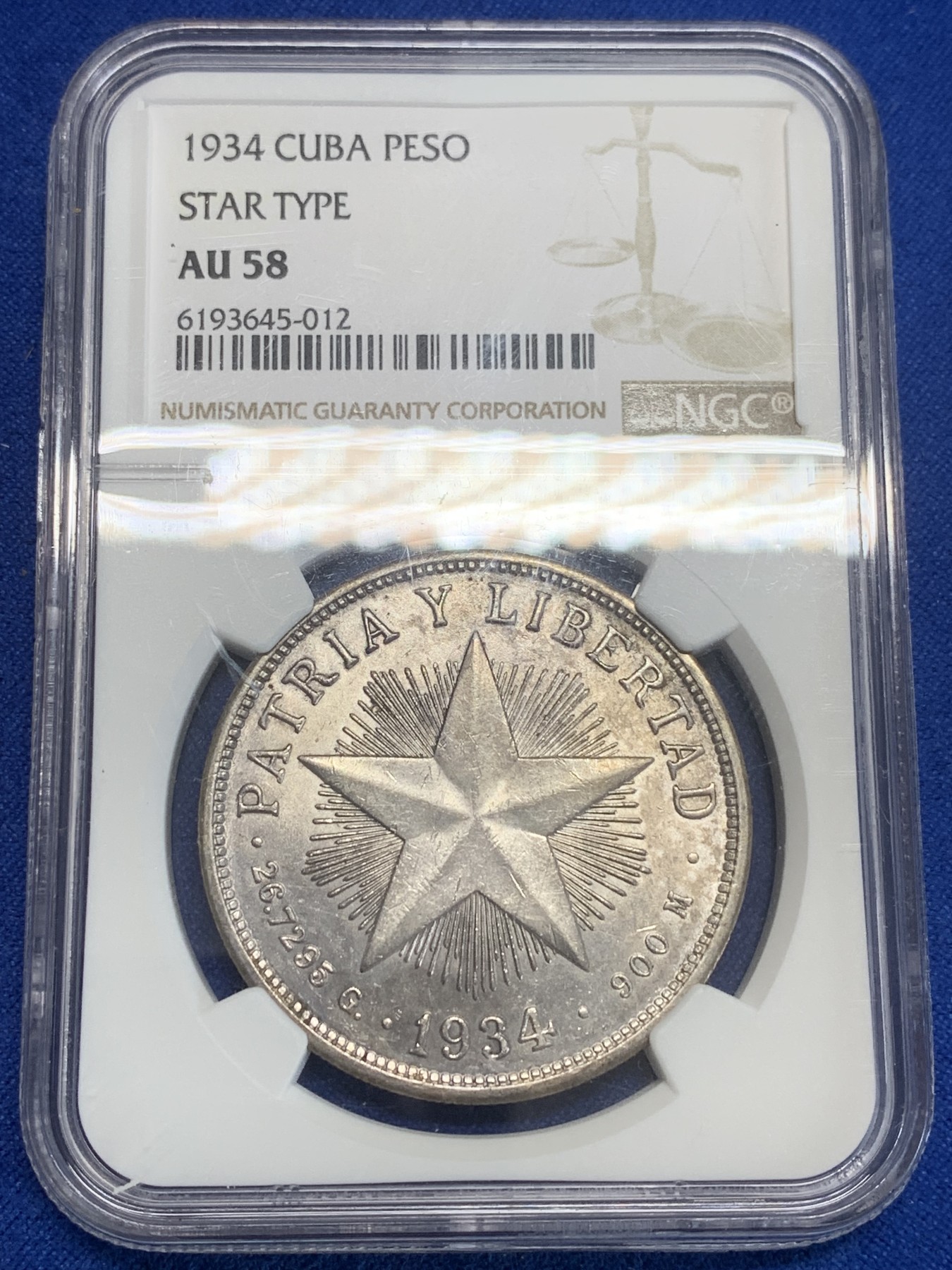 《竞宝斋》第209场-周日，周一 2场 (全场包邮) NGC-AU58 古巴 1934年 star type 大五星1比索 银币