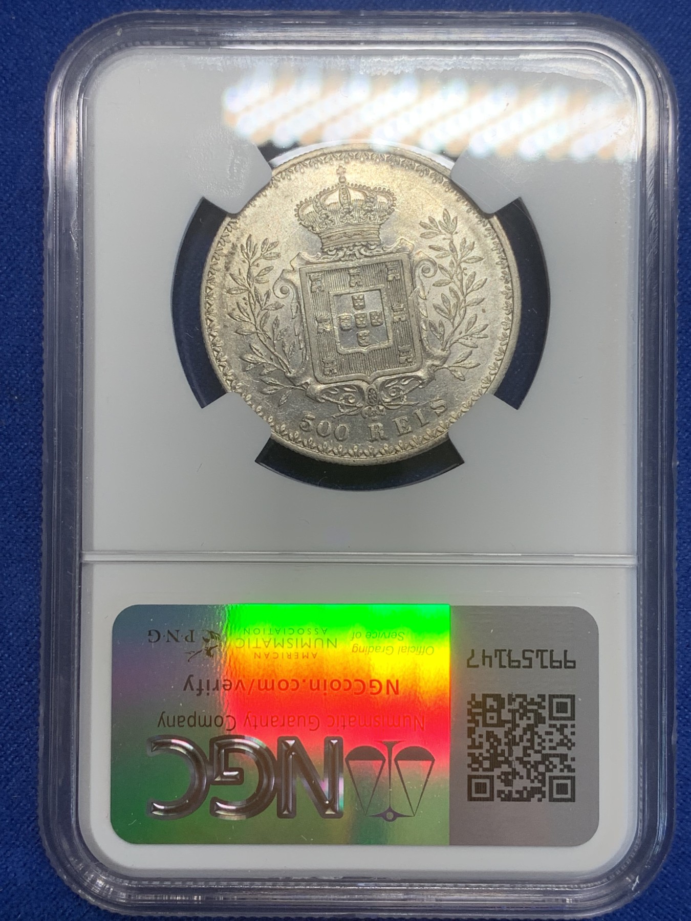 《竞宝斋》第209场-周日，周一 2场 (全场包邮) NGC AU55 葡萄牙 1896年 卡洛斯一世 500瑞斯 银币