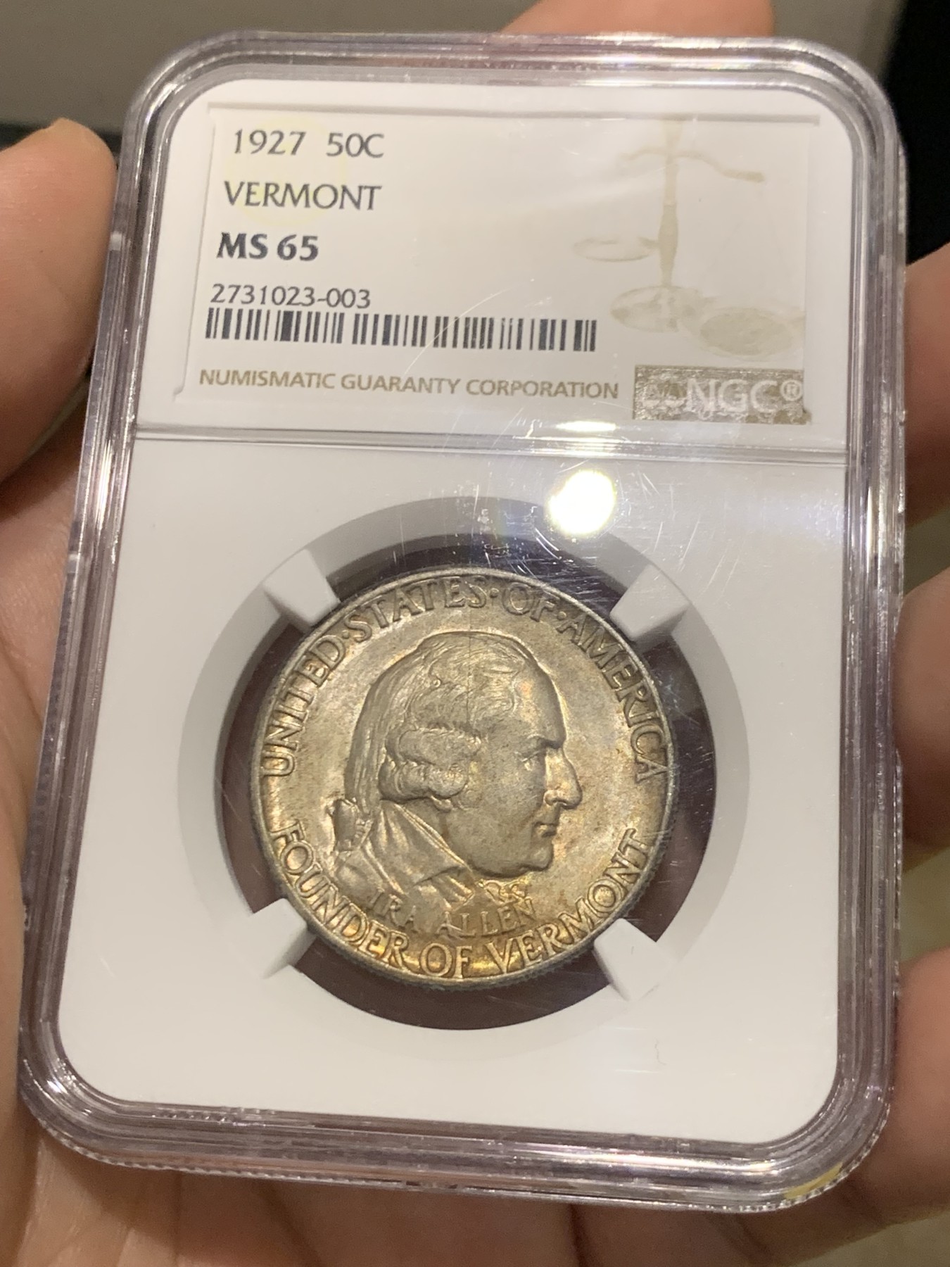 《竞宝斋》第209场-周日，周一 2场 (全场包邮) NGC-MS65  美国1927年佛蒙特州 半美元 纪念币 少见品种 金色包浆 高分 平台首拍