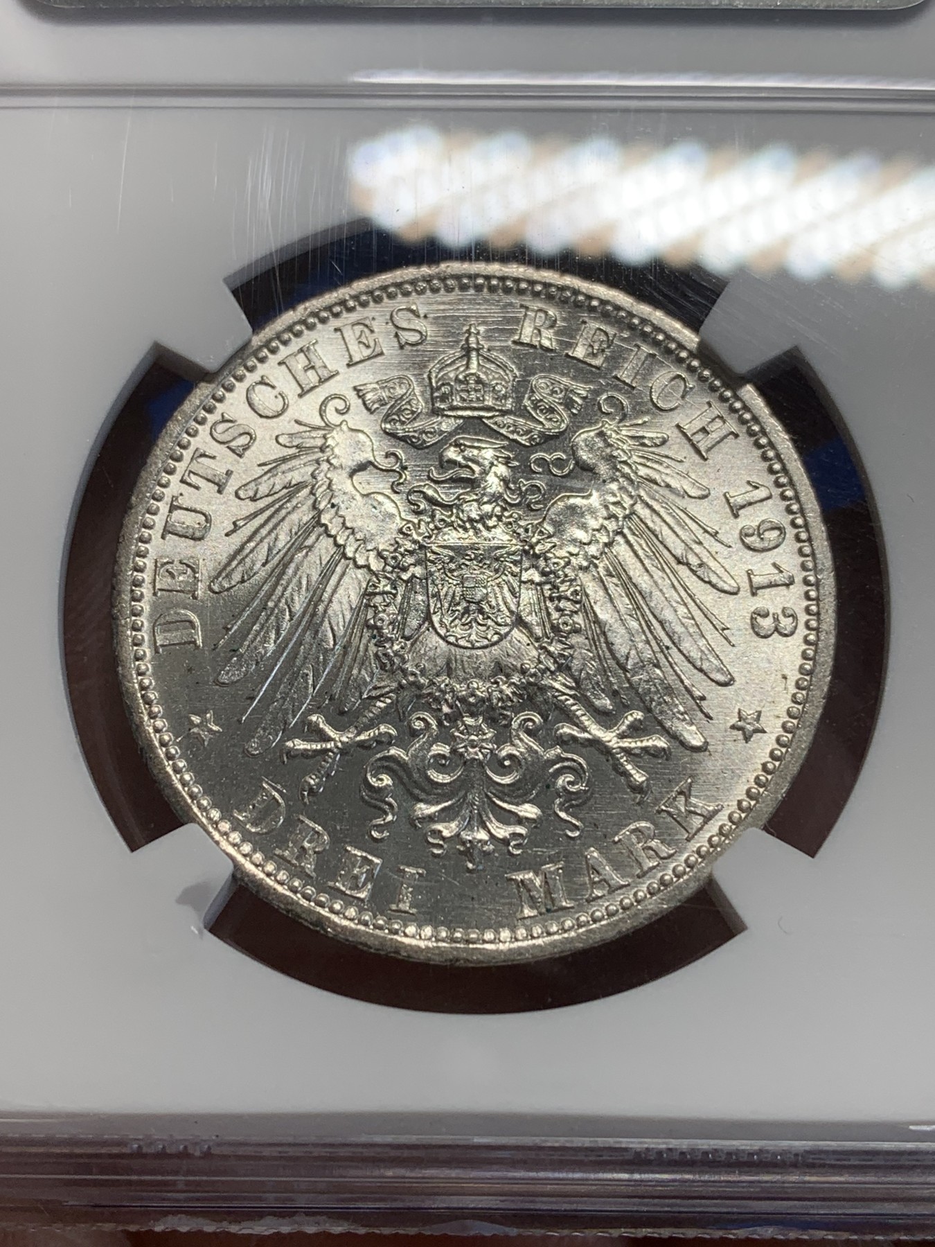 《竞宝斋》第209场-周日，周一 2场 (全场包邮) NGC-MS60 德国 1913年 威廉二世戎装3马克 银币