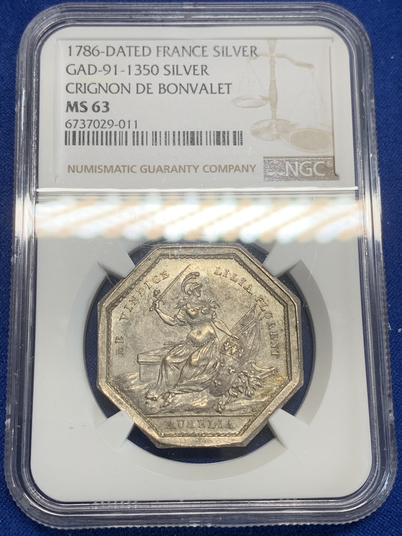 《竞宝斋》第209场-周日，周一 2场 (全场包邮) NGC MS63 法国1786早期好品八角银质代币