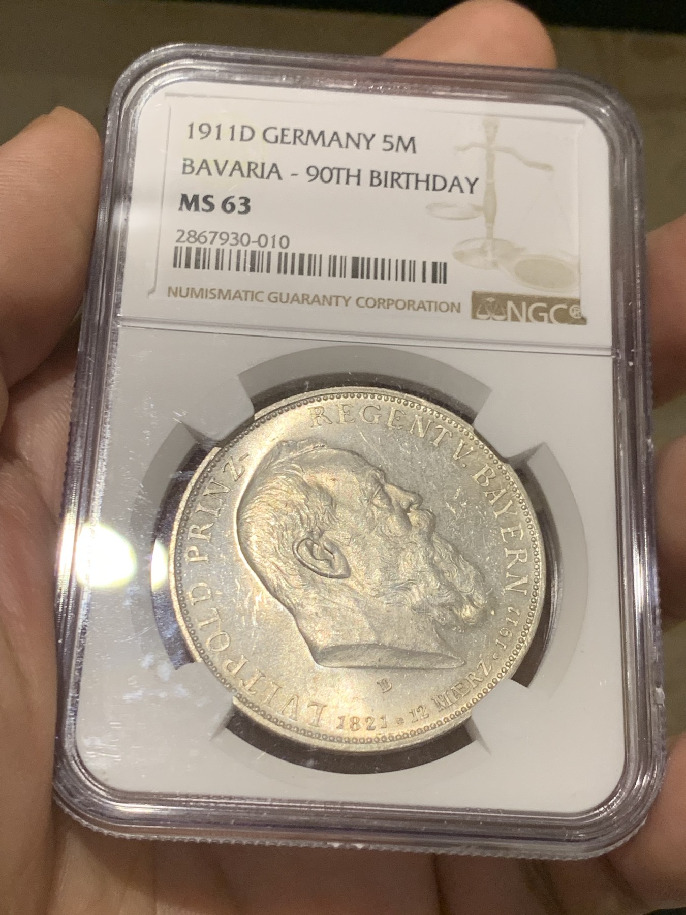 《竞宝斋》第209场-周日，周一 2场 (全场包邮) NGC-MS63 1911年  德国  巴伐利亚王国 5马克 利奥波德亲王90大寿纪念币 细节一流