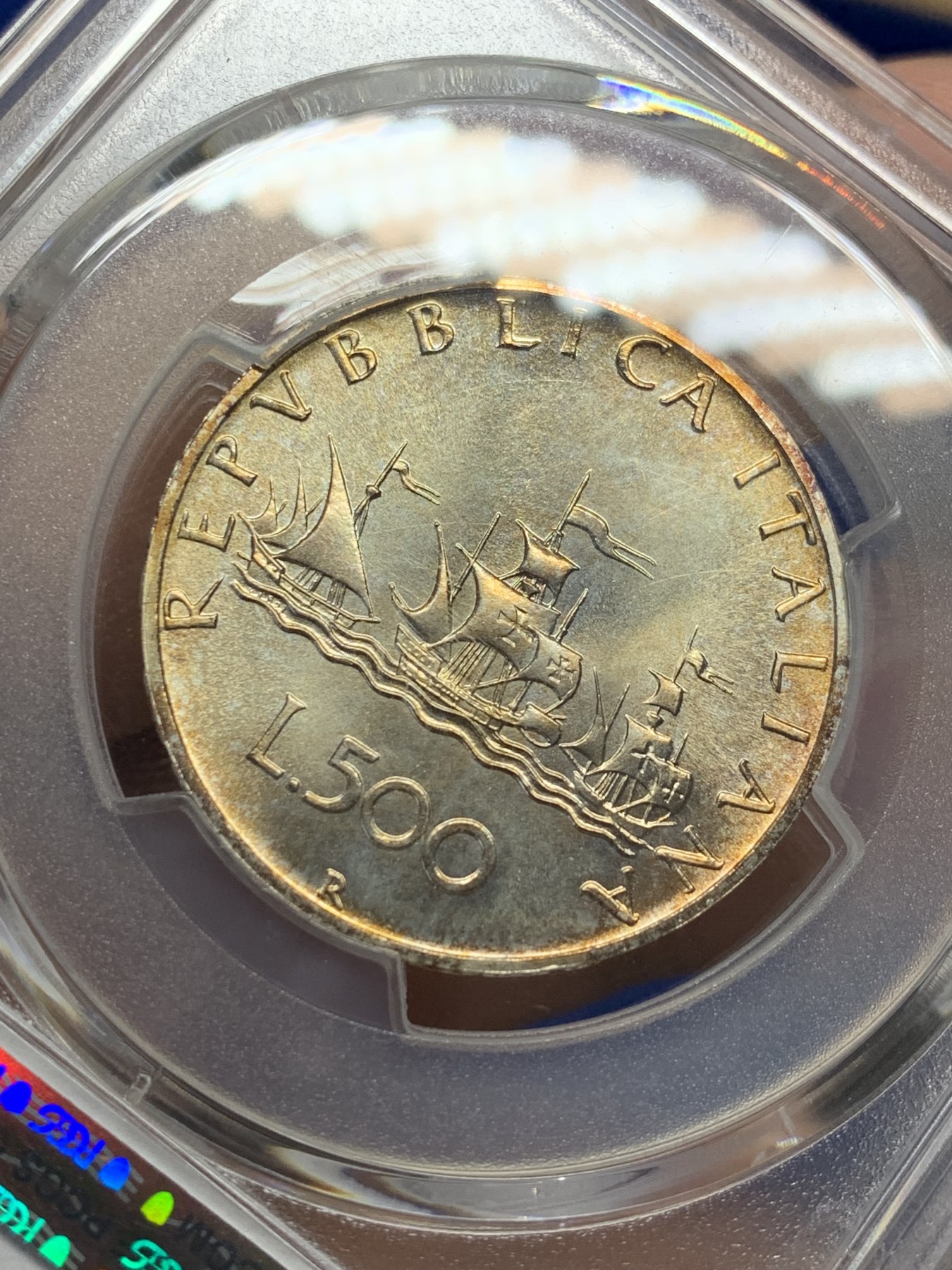 《竞宝斋》第209场-周日，周一 2场 (全场包邮) PCGS MS67 意大利1981年500里拉帆船银币 完善金色包浆