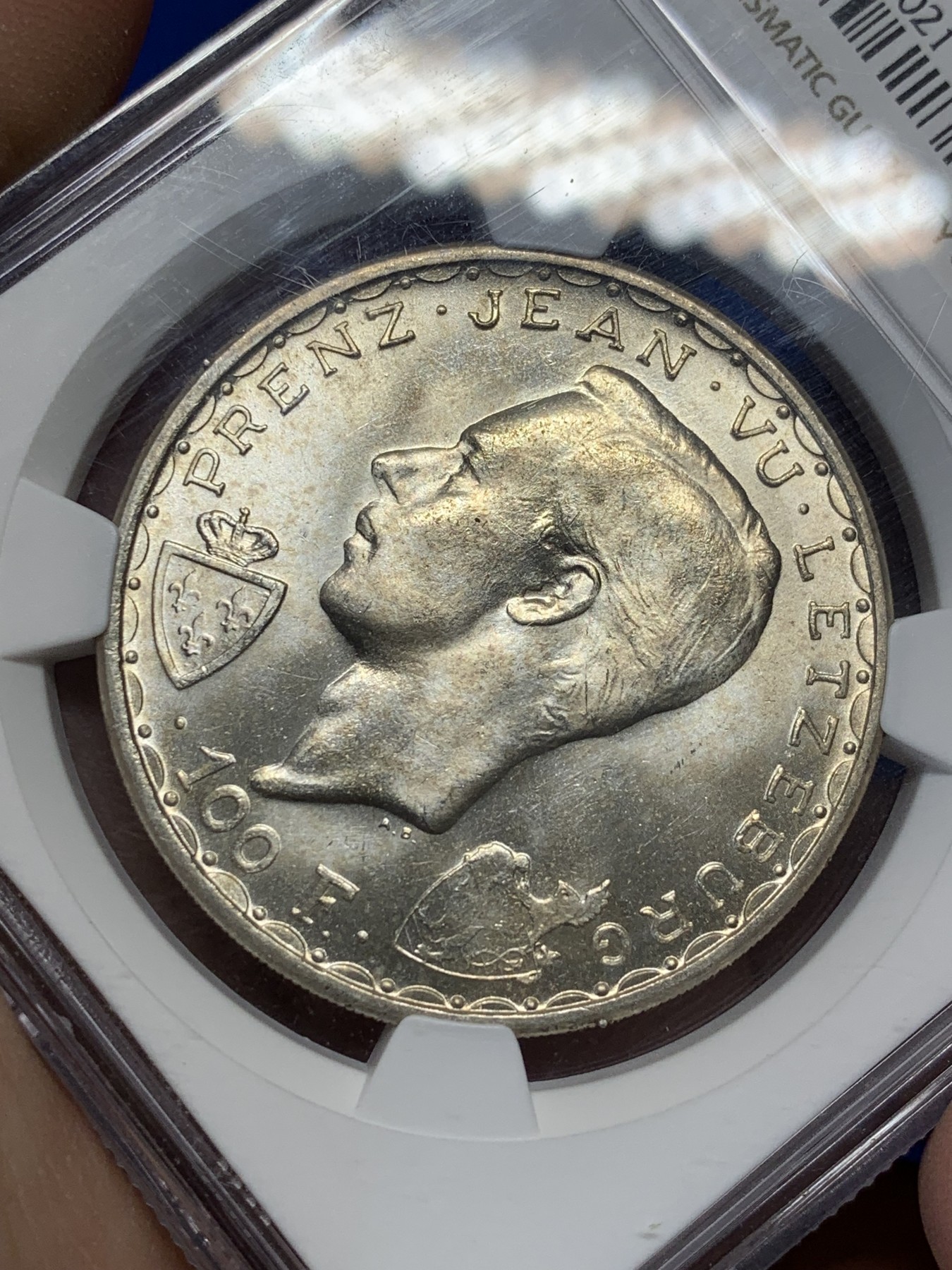 《竞宝斋》第209场-周日，周一 2场 (全场包邮) NGC-MS65 卢森堡 1946年 盲人约翰阵亡600年纪念100法郎银币