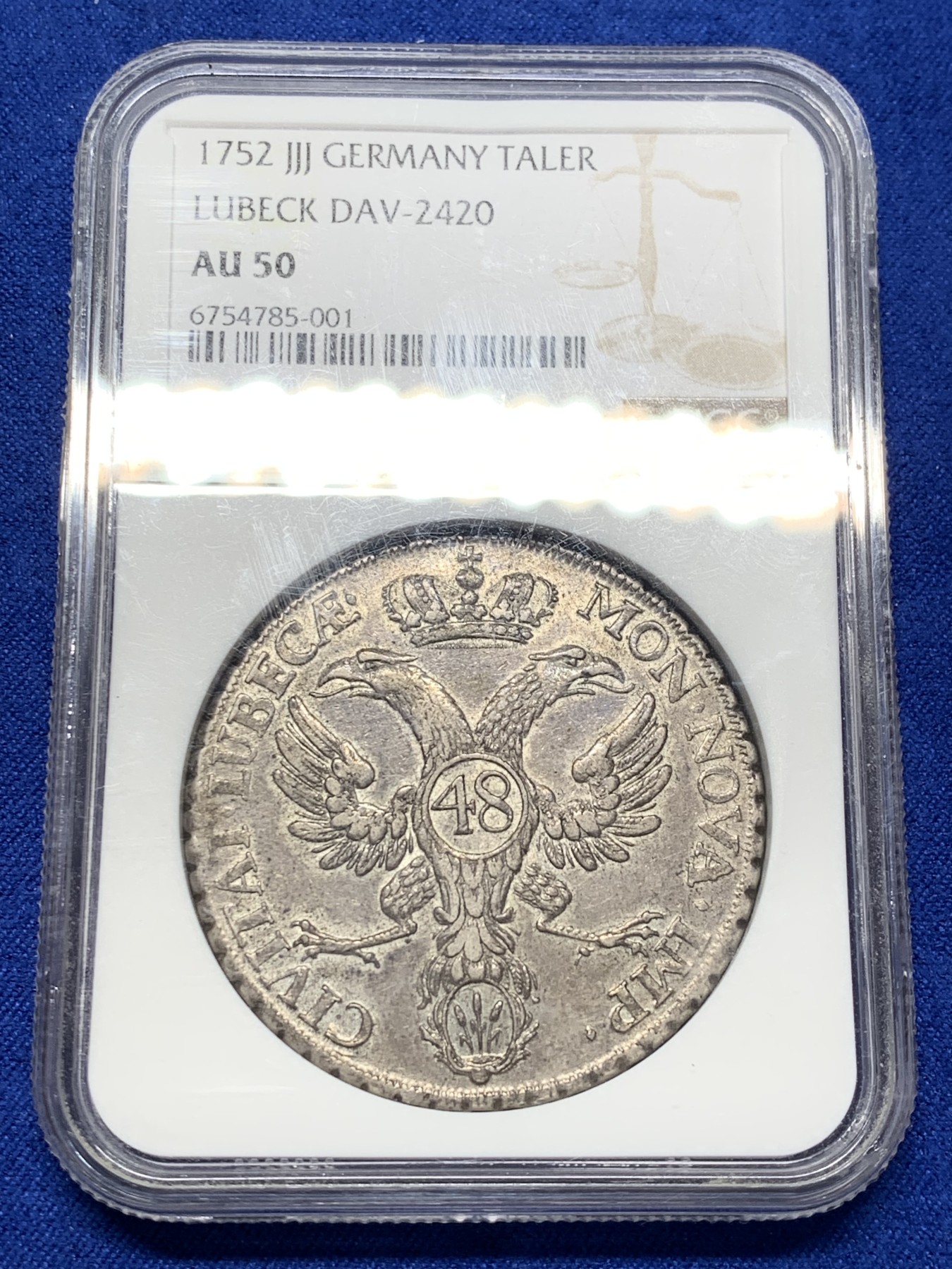 《竞宝斋》第209场-周日，周一 2场 (全场包邮) NGC AU50  德国 1752 吕贝克 48先令大银币，这个品种出分难得。