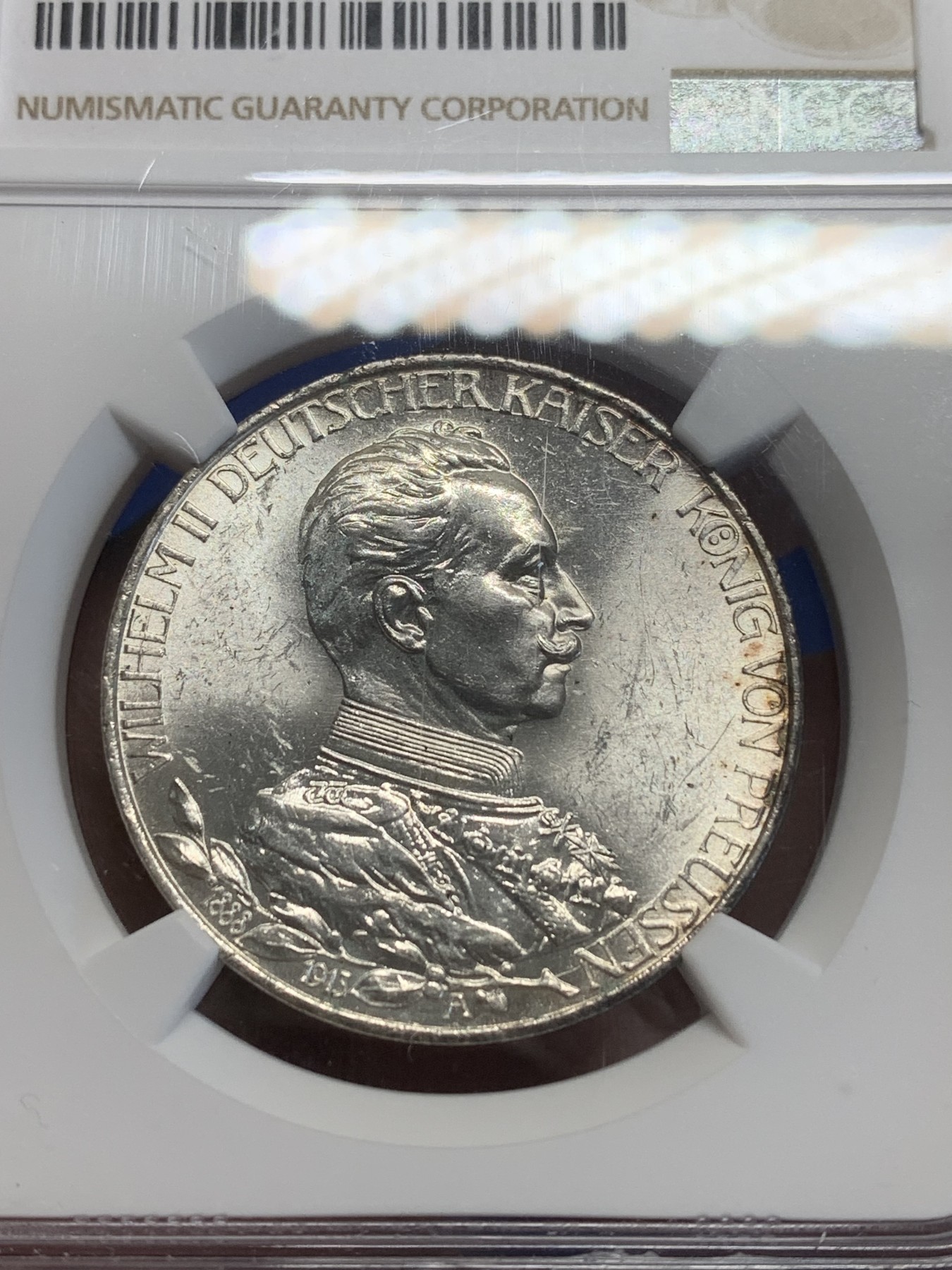 《竞宝斋》第209场-周日，周一 2场 (全场包邮) NGC-MS60 德国 1913年 威廉二世戎装3马克 银币