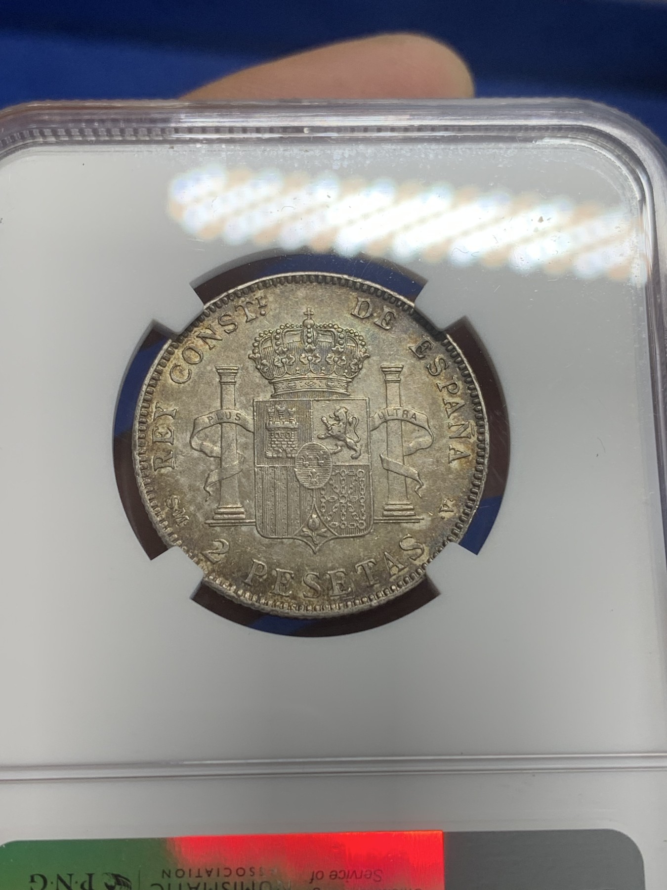 《竞宝斋》第209场-周日，周一 2场 (全场包邮) NGC-AU53 西班牙1905阿方索十三世2比塞塔银币 双面深彩包浆