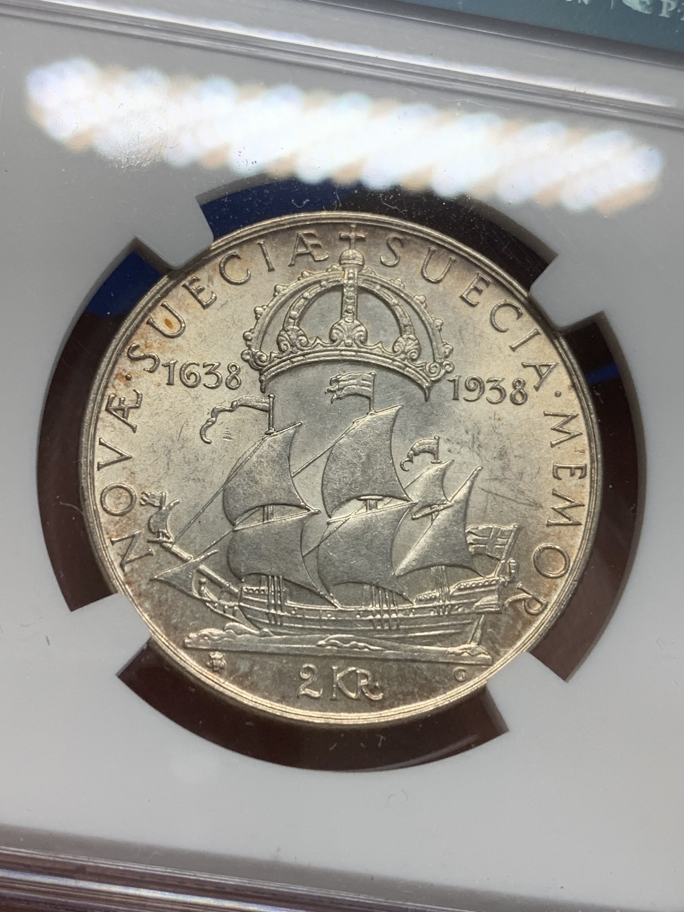 《竞宝斋》第209场-周日，周一 2场 (全场包邮) NGC-MS63 瑞典1938年 三百周年纪念 2克朗银币 MS少见