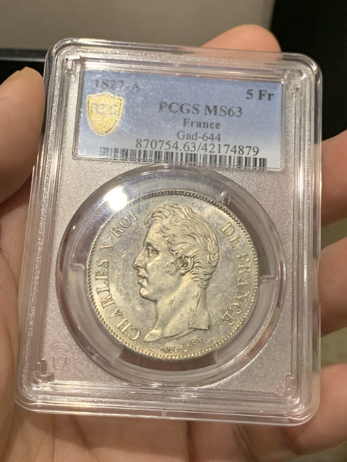 《竞宝斋》第209场-周日，周一 2场 (全场包邮) PCGS MS63 法国1827年查理十银币，正反面镜面效果非常完美 少见高分！查理银币小字版第一年同时也是冠军分！