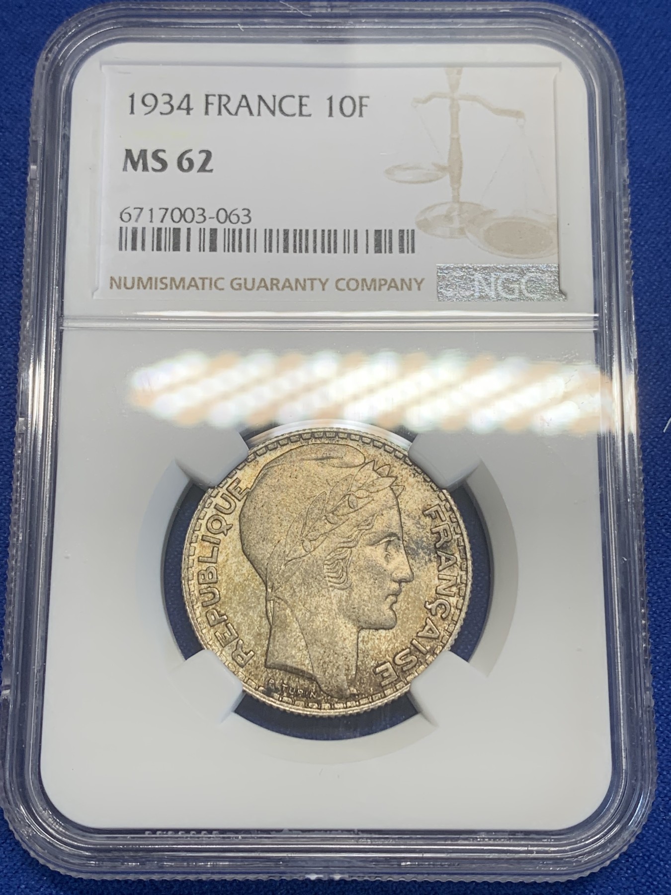 《竞宝斋》第209场-周日，周一 2场 (全场包邮) NGC-MS62 法国1934年 谷物女神10法郎银币