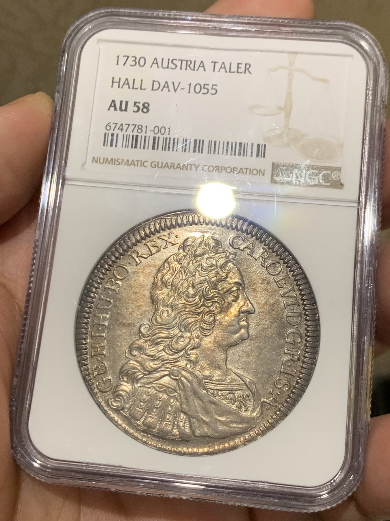 《竞宝斋》第209场-周日，周一 2场 (全场包邮) NGC-AU58 1730年 神圣罗马帝国 卡尔六世 1泰勒 大银币  原光紫彩包浆，严重低评，状态非常好