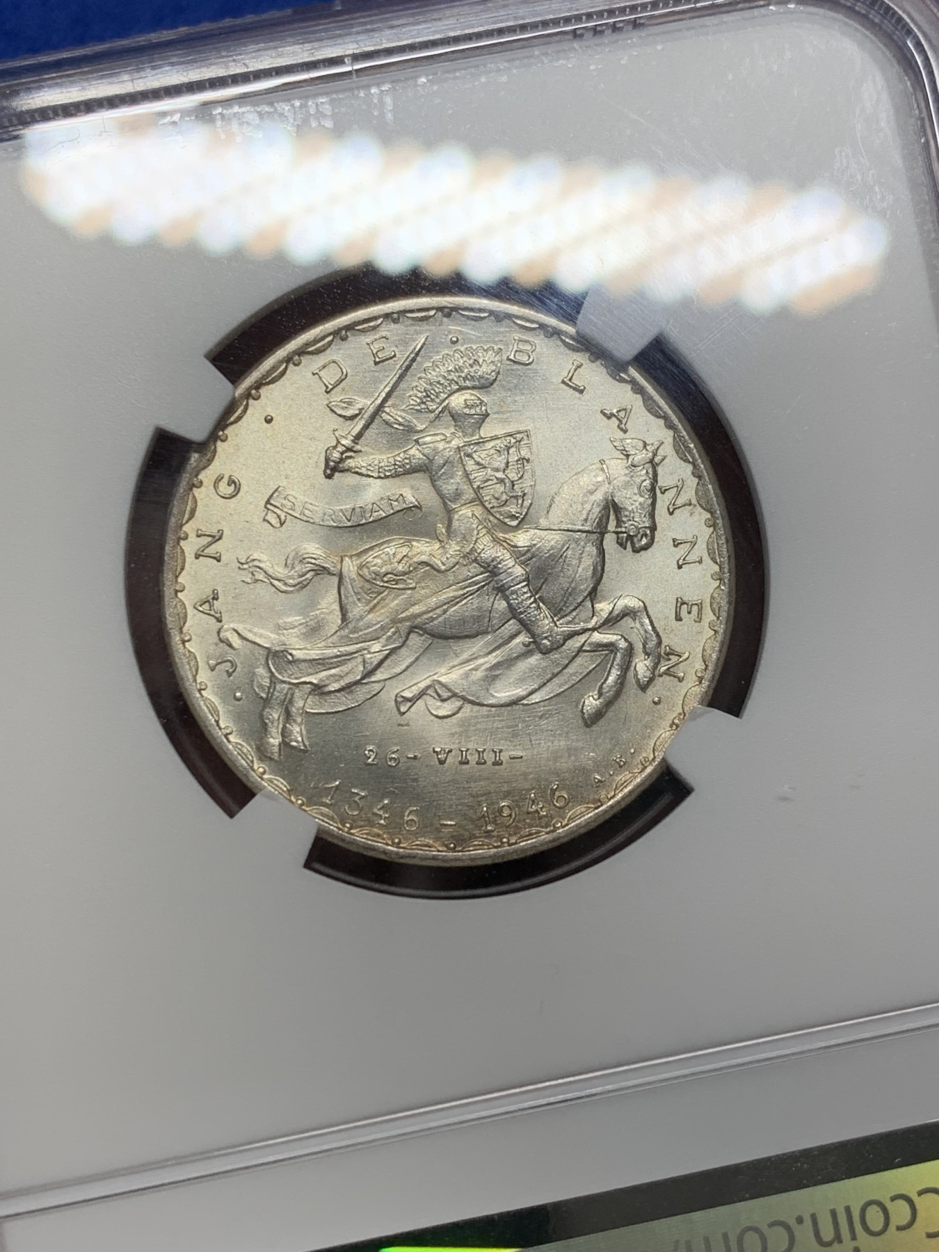 《竞宝斋》第209场-周日，周一 2场 (全场包邮) NGC-MS65 卢森堡 1946年 盲人约翰阵亡600年纪念20法郎银币