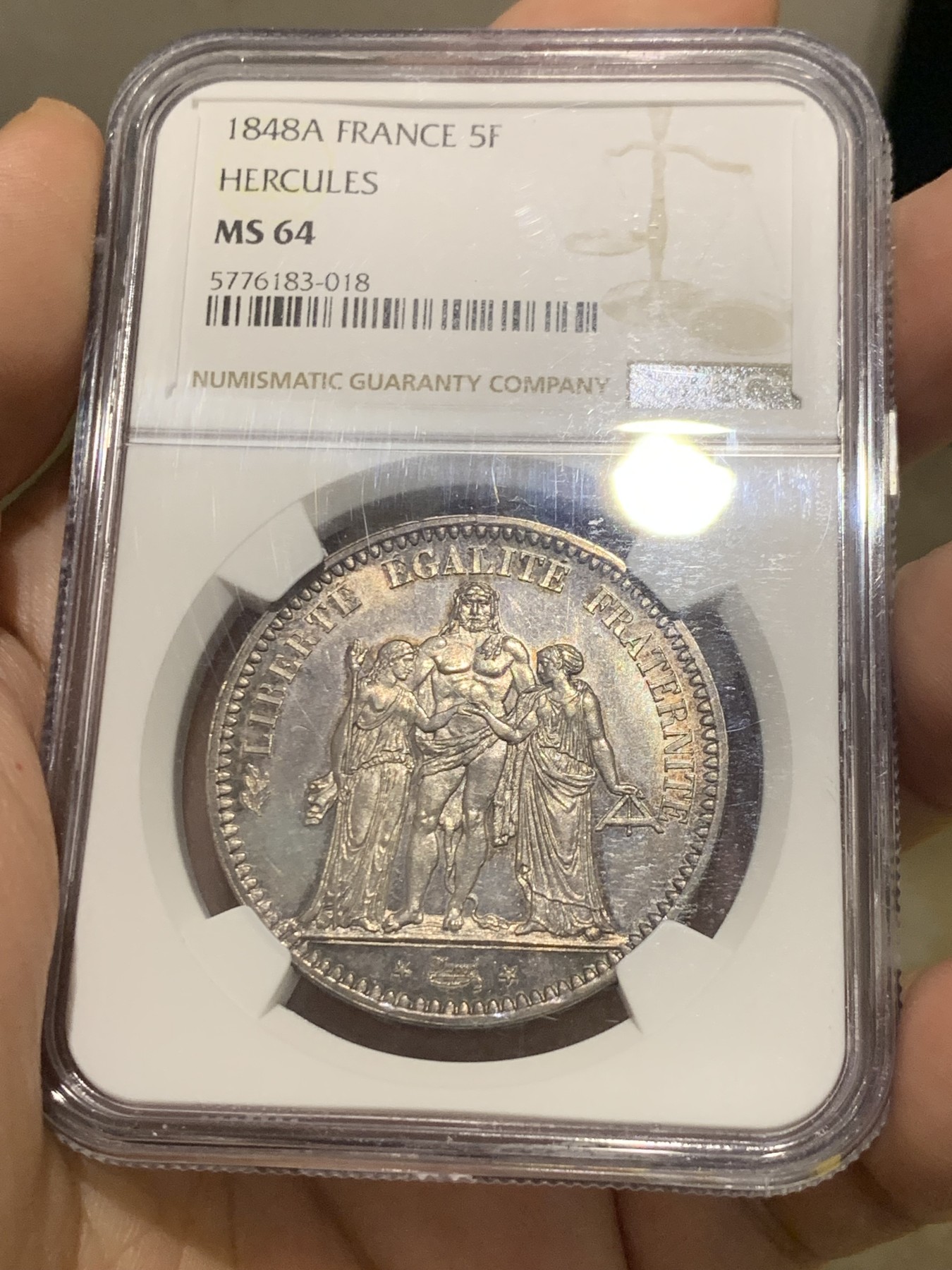 《竞宝斋》第209场-周日，周一 2场 (全场包邮) NGC-MS64 法国 1848A 大力神5法郎银币 初铸纹可见 极其难得