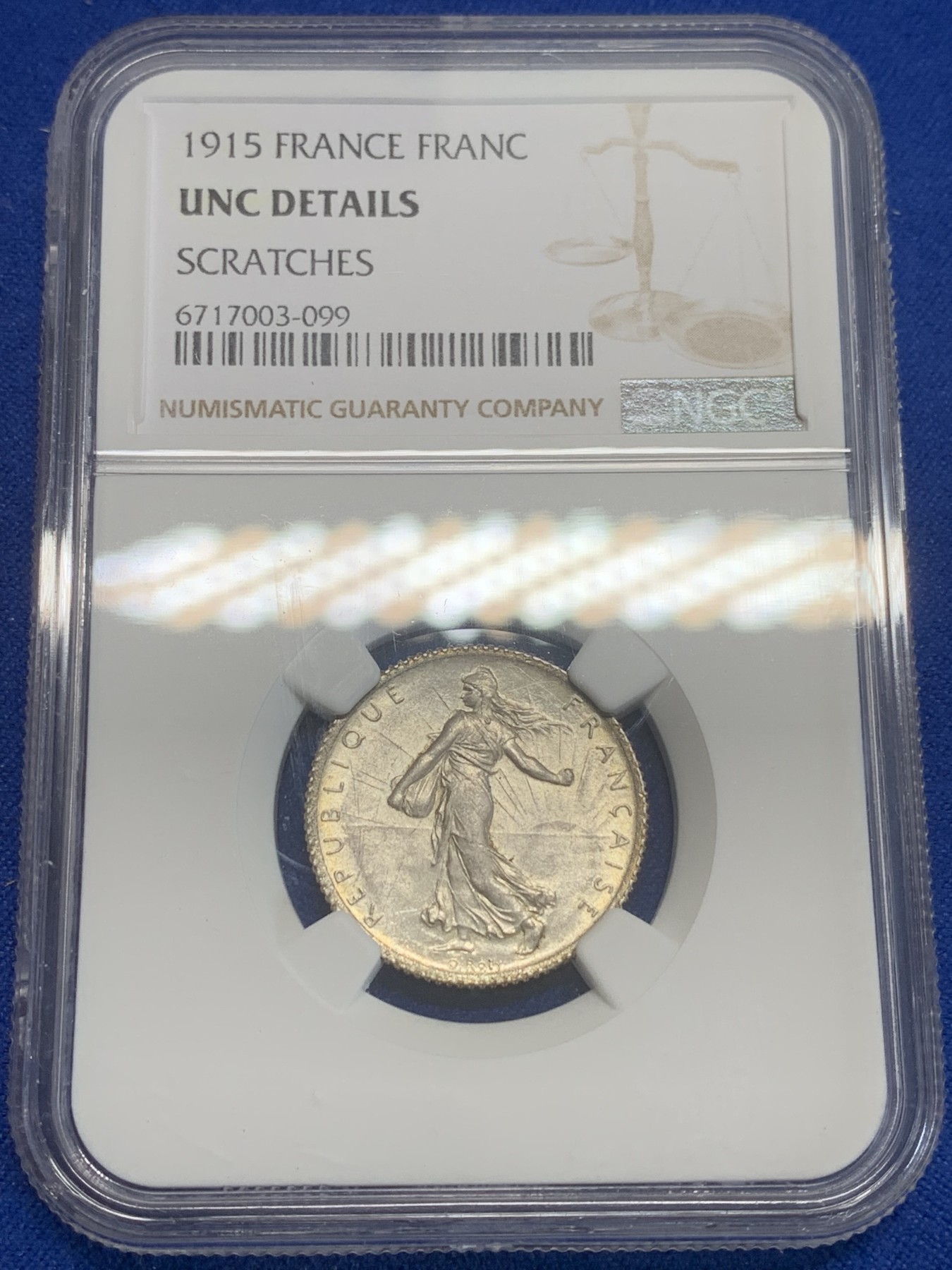 《竞宝斋》第209场-周日，周一 2场 (全场包邮) NGC UNC 1915年 法国播种女神1法郎银币