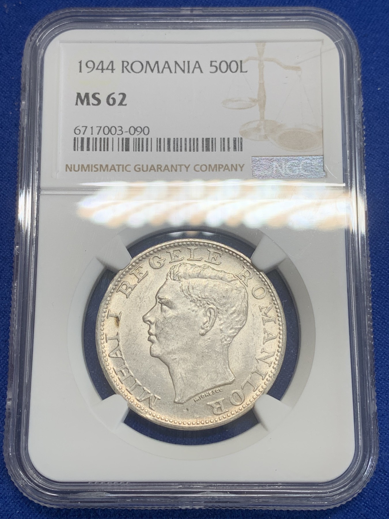 《竞宝斋》第209场-周日，周一 2场 (全场包邮) NGC-MS62 罗马尼亚1944年 500列伊银币