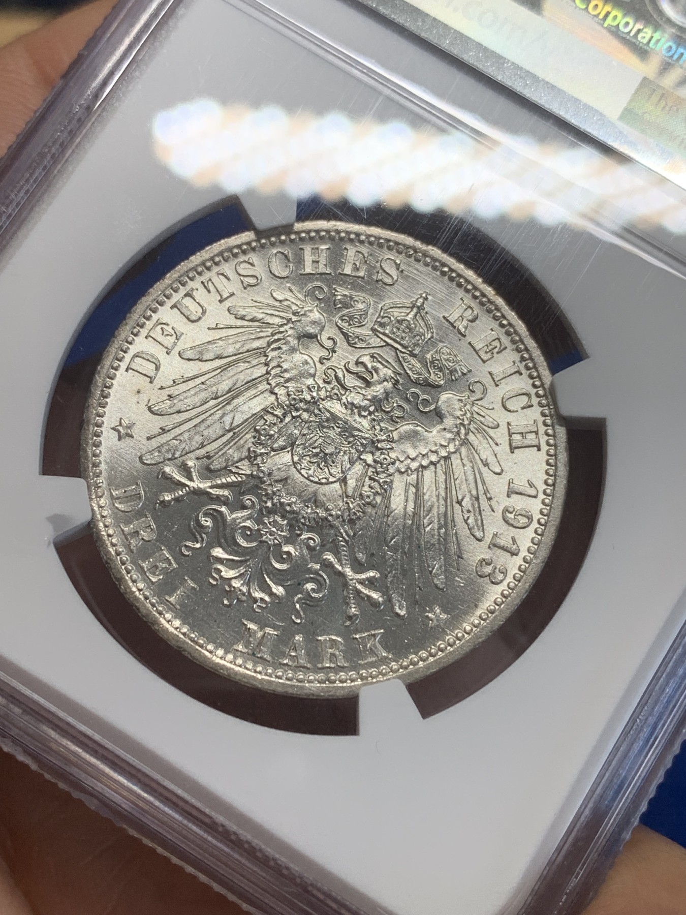 《竞宝斋》第209场-周日，周一 2场 (全场包邮) NGC-MS60 德国 1913年 威廉二世戎装3马克 银币