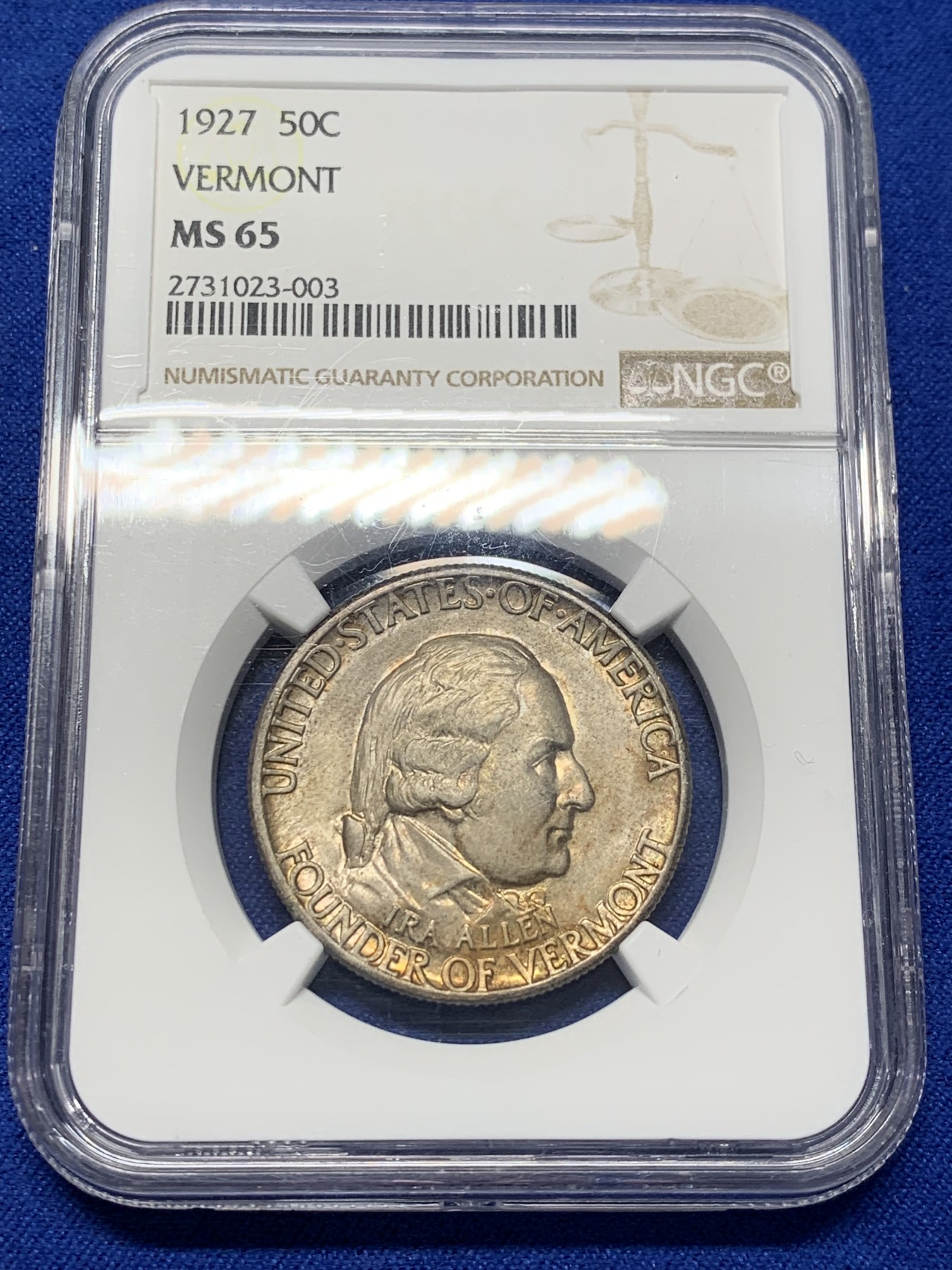 《竞宝斋》第209场-周日，周一 2场 (全场包邮) NGC-MS65  美国1927年佛蒙特州 半美元 纪念币 少见品种 金色包浆 高分 平台首拍