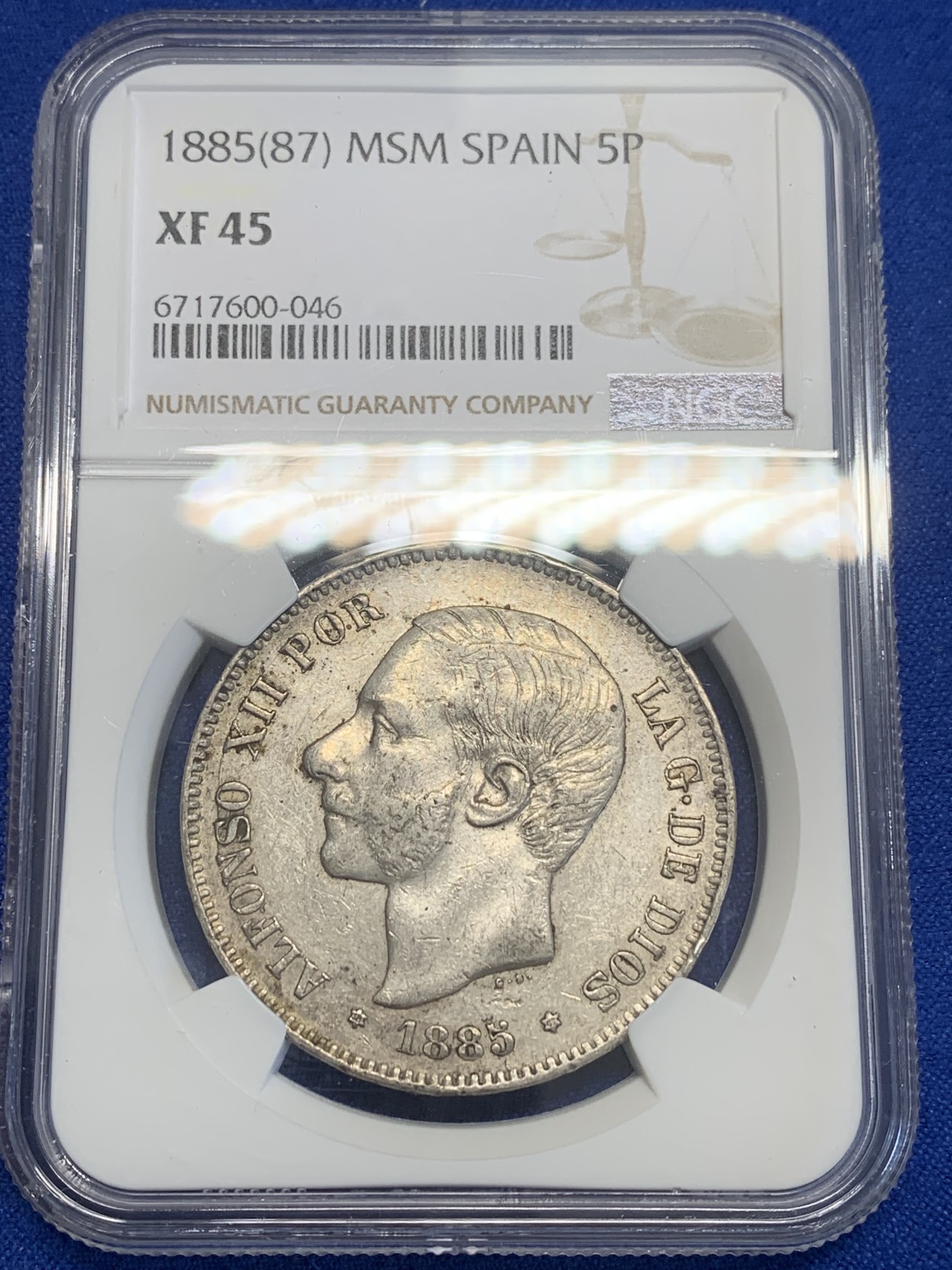 《竞宝斋》第209场-周日，周一 2场 (全场包邮) NGC-XF45 西班牙1885年 阿方索十二世 5比塞塔双柱大银币