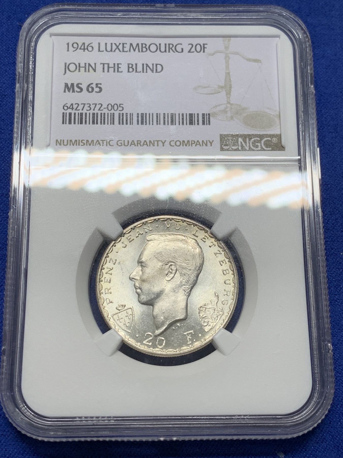 《竞宝斋》第209场-周日，周一 2场 (全场包邮) NGC-MS65 卢森堡 1946年 盲人约翰阵亡600年纪念20法郎银币