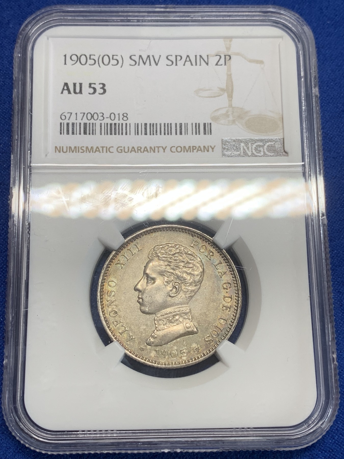 《竞宝斋》第209场-周日，周一 2场 (全场包邮) NGC-AU53 西班牙1905阿方索十三世2比塞塔银币 双面深彩包浆