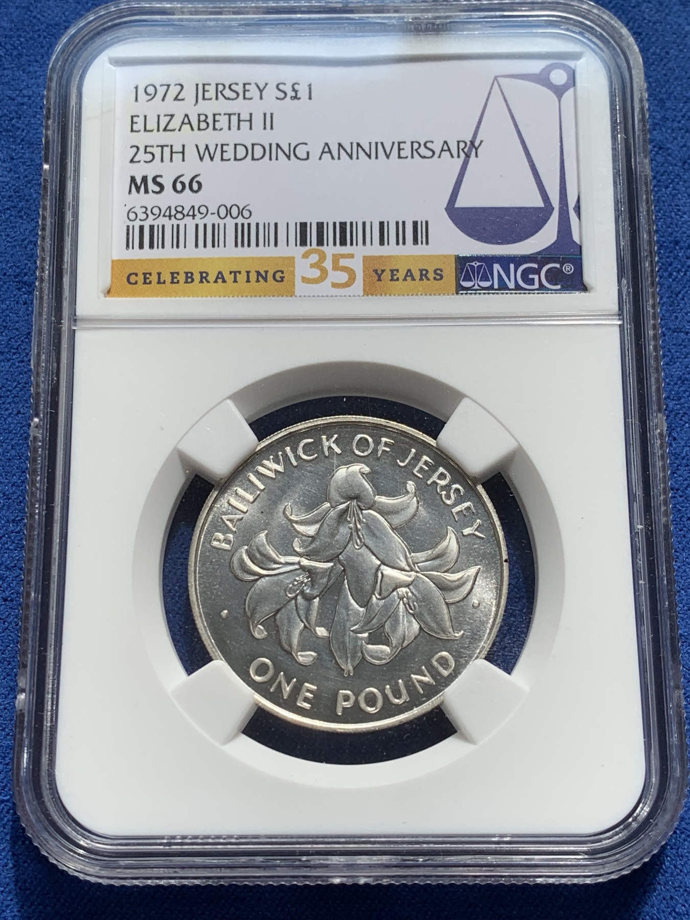 《竞宝斋》第209场-周日，周一 2场 (全场包邮) NGC MS66 泽西岛1972年 1镑银币 35周年纪念标签
