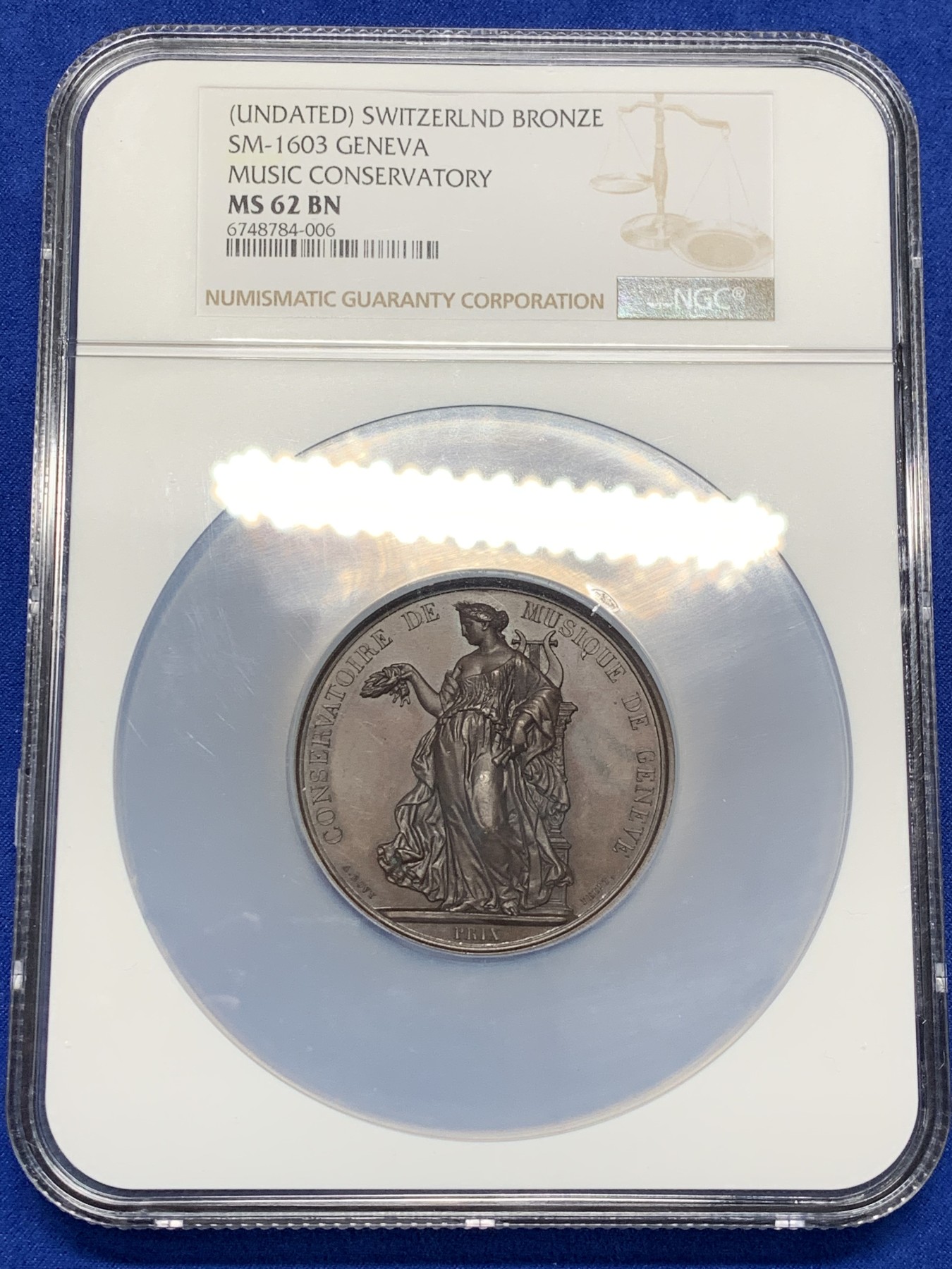 《竞宝斋》第209场-周日，周一 2场 (全场包邮) NGC MS62BN 瑞士共和国日内瓦音乐节 铜质奖章 巧克力包浆 大盒封装