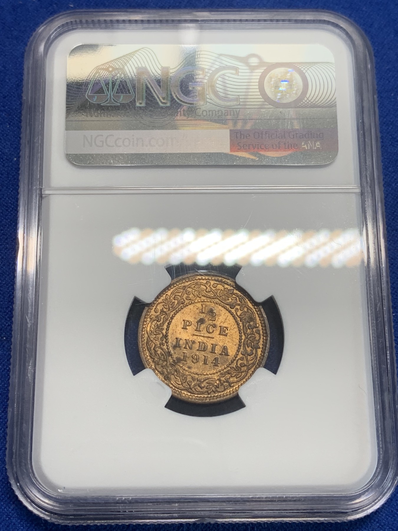 《竞宝斋》第209场-周日，周一 2场 (全场包邮) NGC-MS63RB 英属印度 1914年（C）乔治五世1/2派沙 1/2P铜币