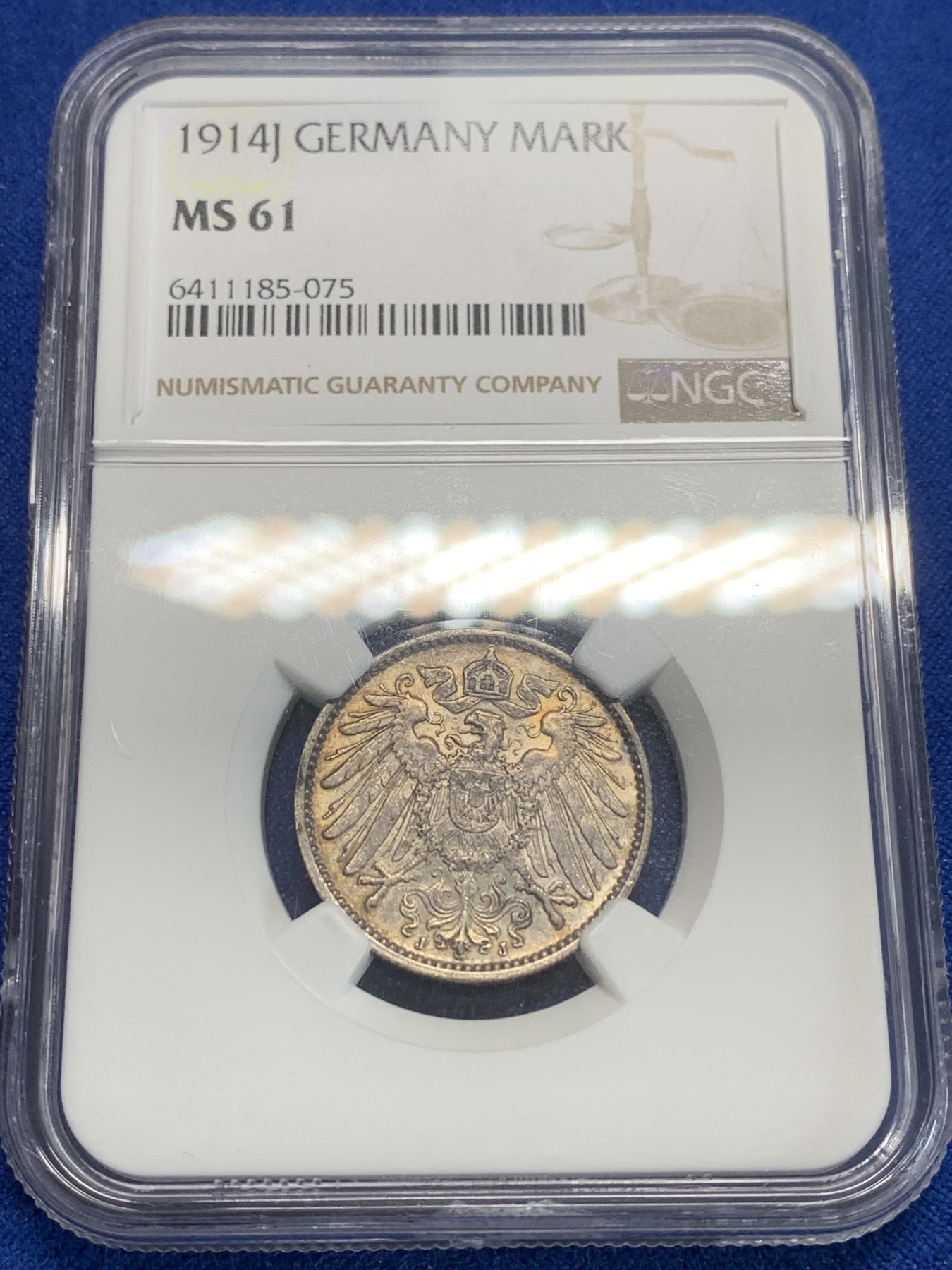 《竞宝斋》第209场-周日，周一 2场 (全场包邮) NGC MS61 德国 1914 J版 帝国 1马克银币 彩包浆 不错