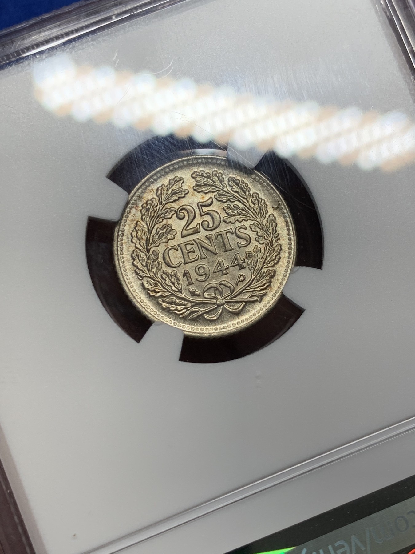 《竞宝斋》第209场-周日，周一 2场 (全场包邮) NGC-MS64 荷兰 1944年 威廉明娜女王25C银币