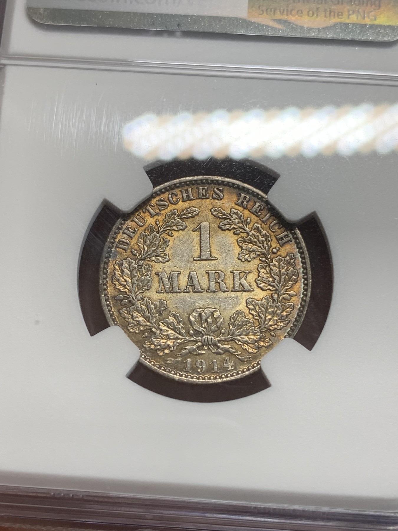 《竞宝斋》第209场-周日，周一 2场 (全场包邮) NGC MS61 德国 1914 J版 帝国 1马克银币 彩包浆 不错