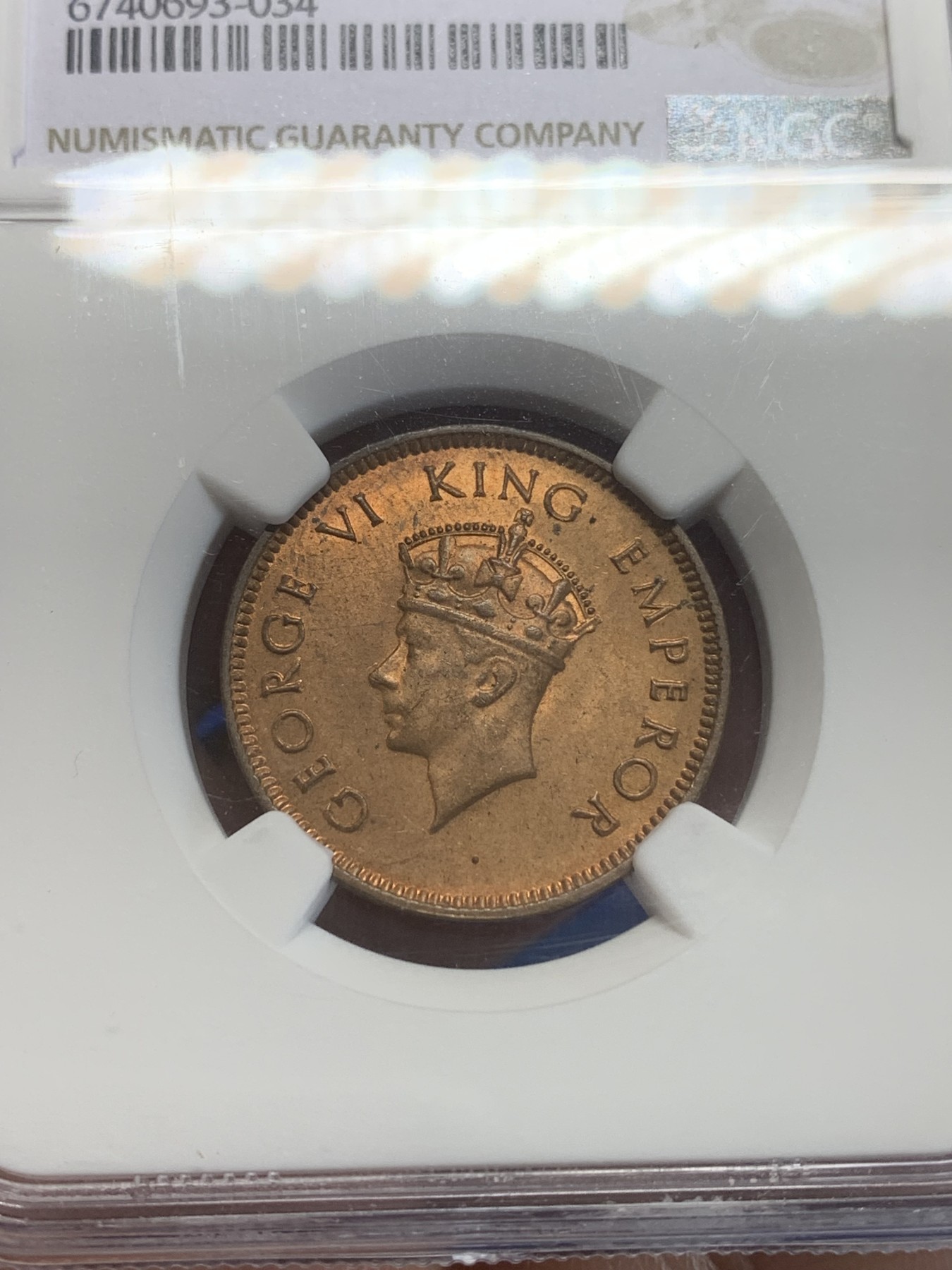 《竞宝斋》第209场-周日，周一 2场 (全场包邮) NGC-MS64RB 英属印度 乔治六世 1939年B版 1/4安娜 铜币 原光好品