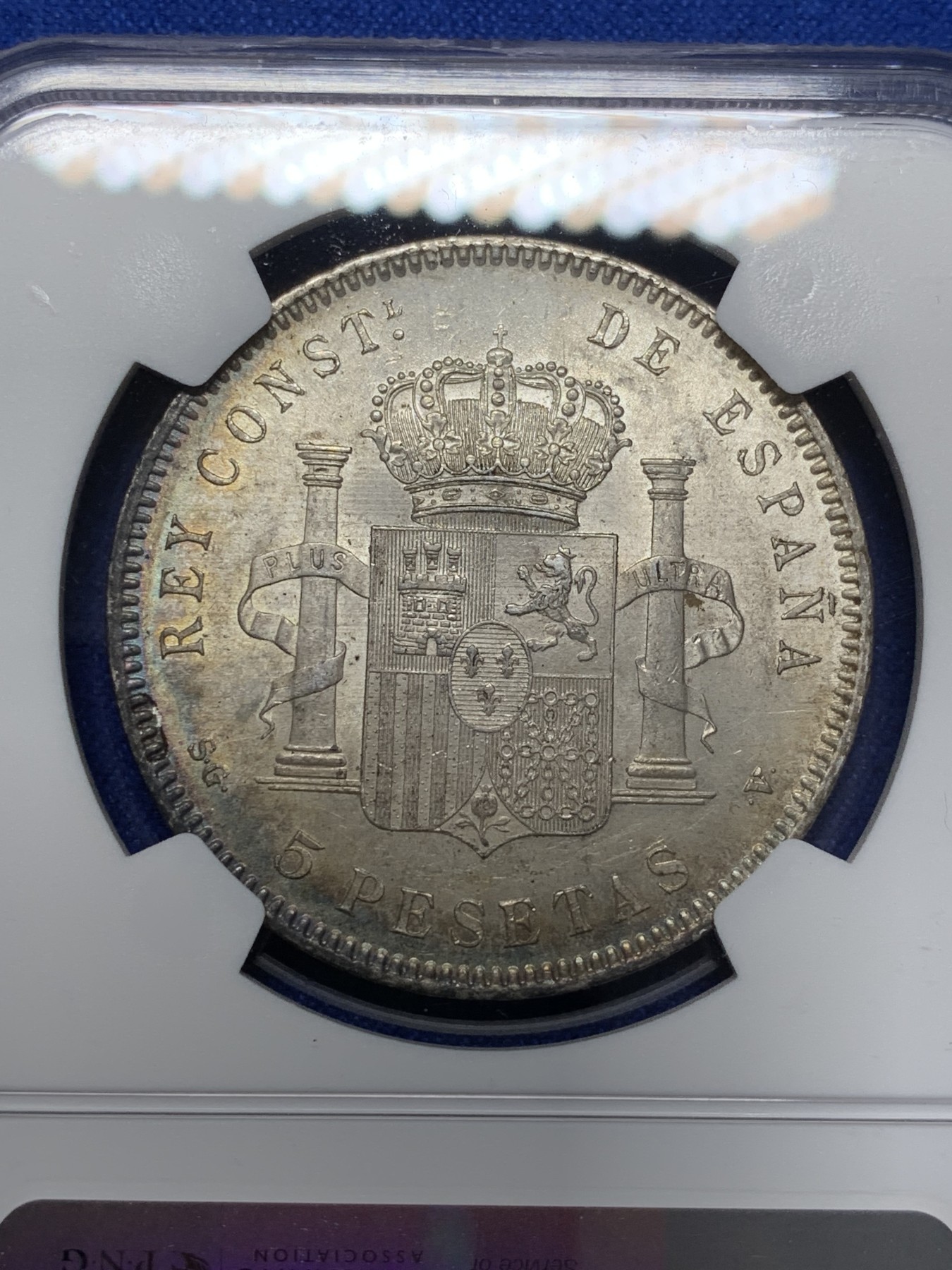 《竞宝斋》第209场-周日，周一 2场 (全场包邮) NGC-MS62 西班牙 1898年阿方索十三世小孩头双柱5比塞塔银币