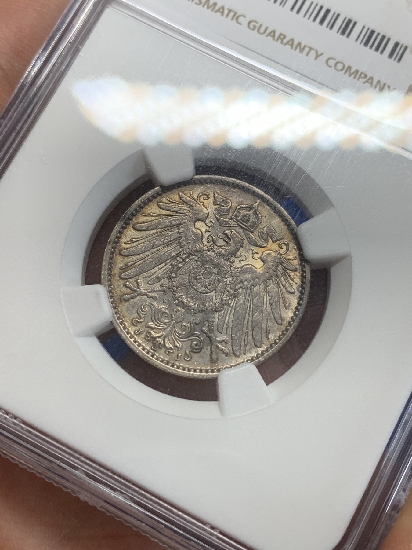 《竞宝斋》第209场-周日，周一 2场 (全场包邮) NGC MS61 德国 1914 J版 帝国 1马克银币 彩包浆 不错