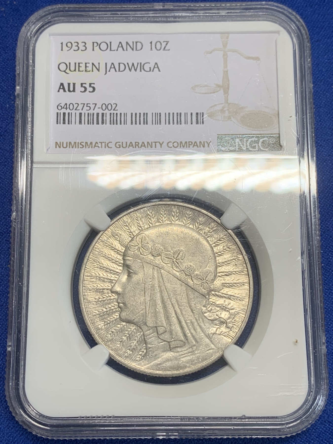 《竞宝斋》第209场-周日，周一 2场 (全场包邮) NGC AU55 波兰1933女神雅德维嘉 10兹罗提银币 1933年稀少版本