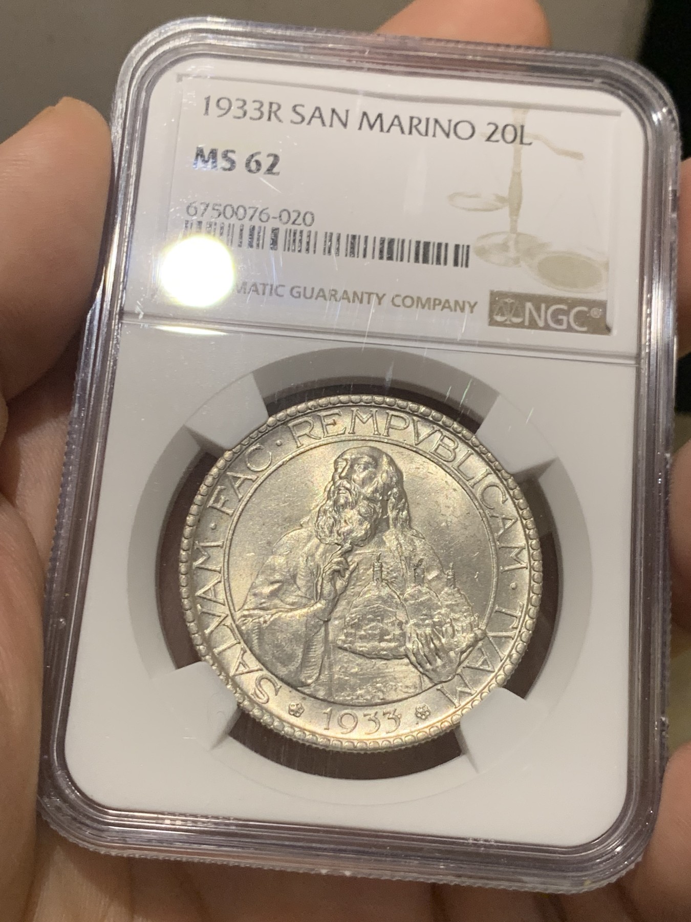 《竞宝斋》第209场-周日，周一 2场 (全场包邮) NGC MS62 1933年 圣马力诺 20里拉 银币