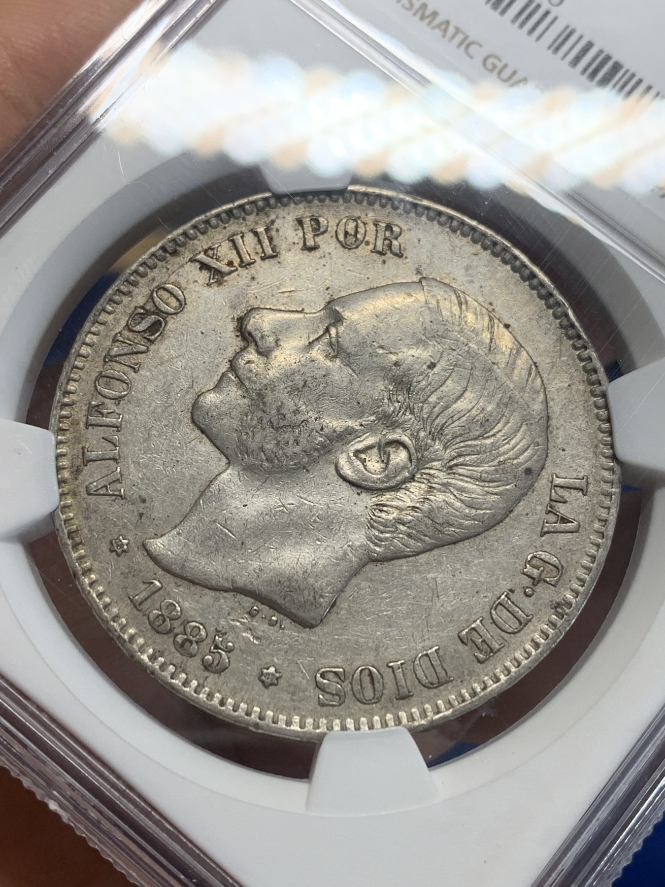 《竞宝斋》第209场-周日，周一 2场 (全场包邮) NGC-XF45 西班牙1885年 阿方索十二世 5比塞塔双柱大银币