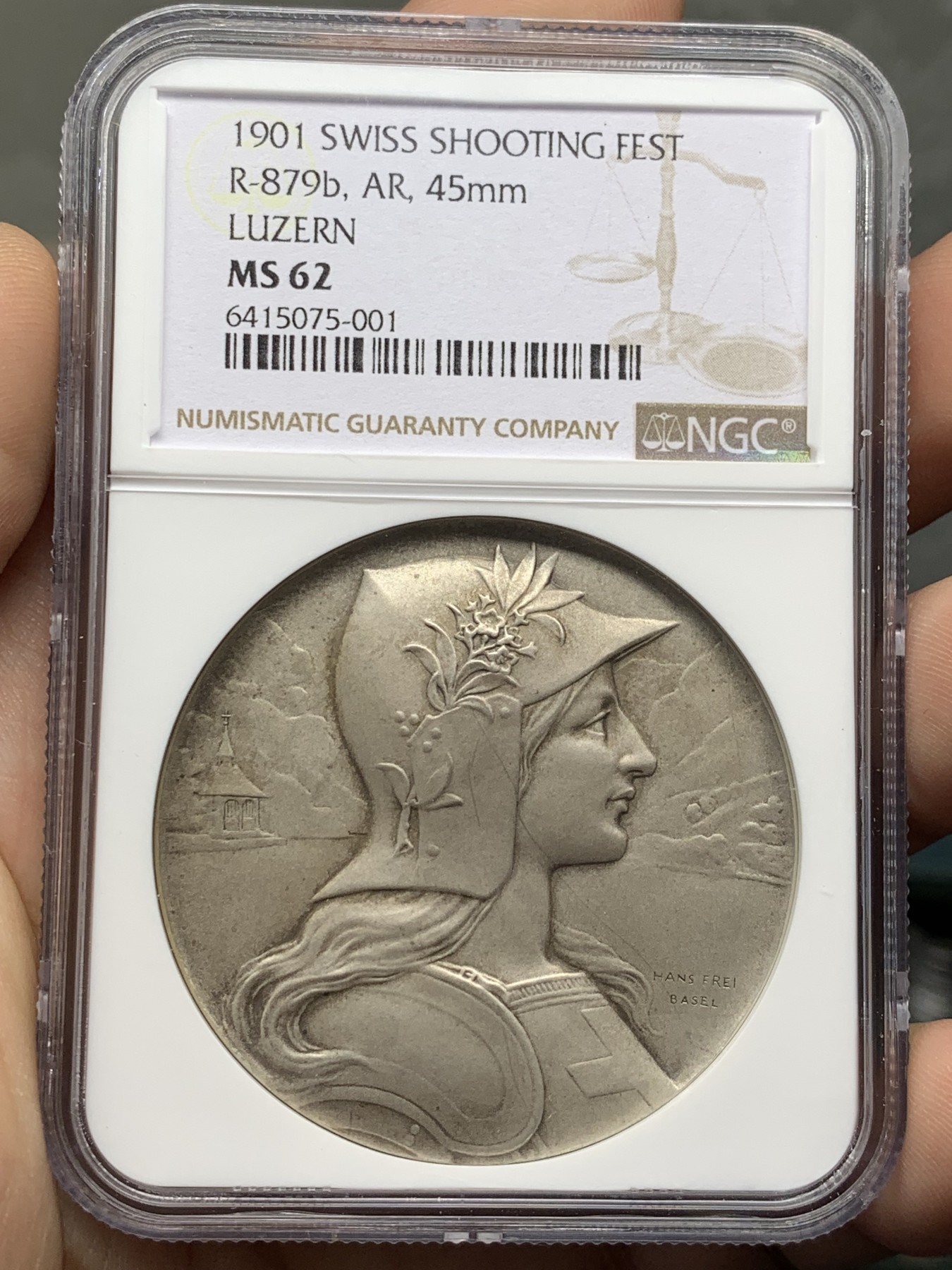 《竞宝斋》第209场-周日，周一 2场 (全场包邮) NGC MS62 瑞士1901 卢塞尔射击节银章 状态非常好的一枚