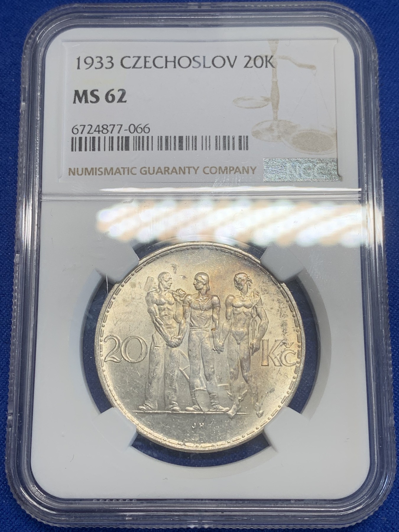 《竞宝斋》第209场-周日，周一 2场 (全场包邮) NGC-MS62 捷克斯洛伐克1933年20克朗银币 工、农、商雕像