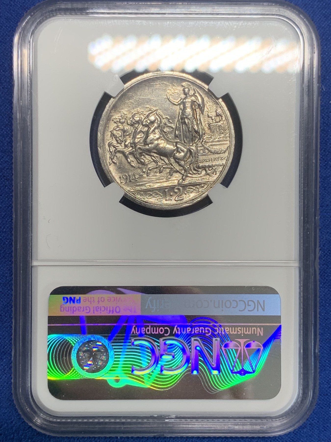 《竞宝斋》第209场-周日，周一 2场 (全场包邮) NGC-AUD 意大利 1914年 2里拉马车银币