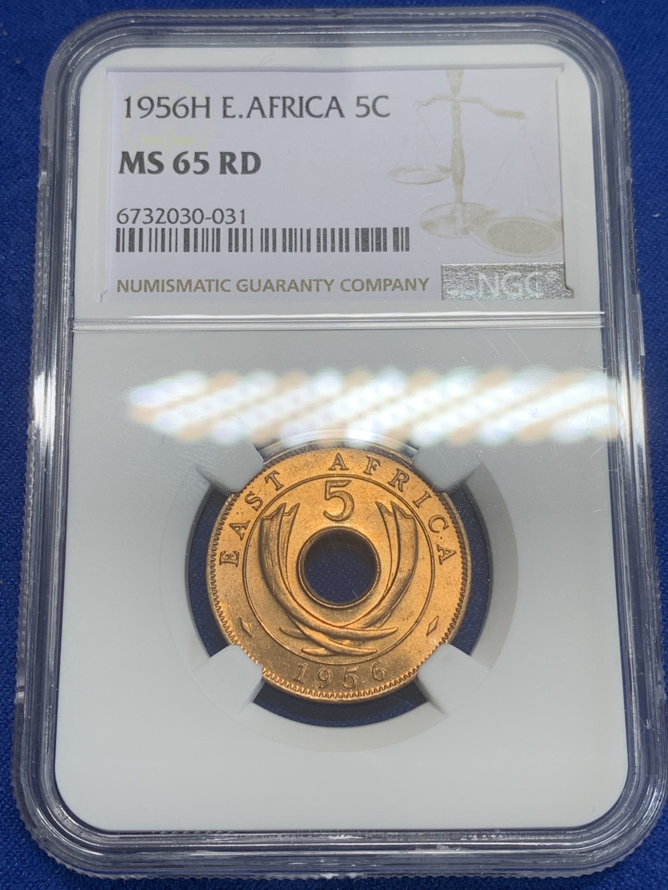 《竞宝斋》第209场-周日，周一 2场 (全场包邮) NGC-MS65RD 英属东非 1956年伊丽莎白二世5分铜币 原红铜光 亚军分 只有1枚最高分