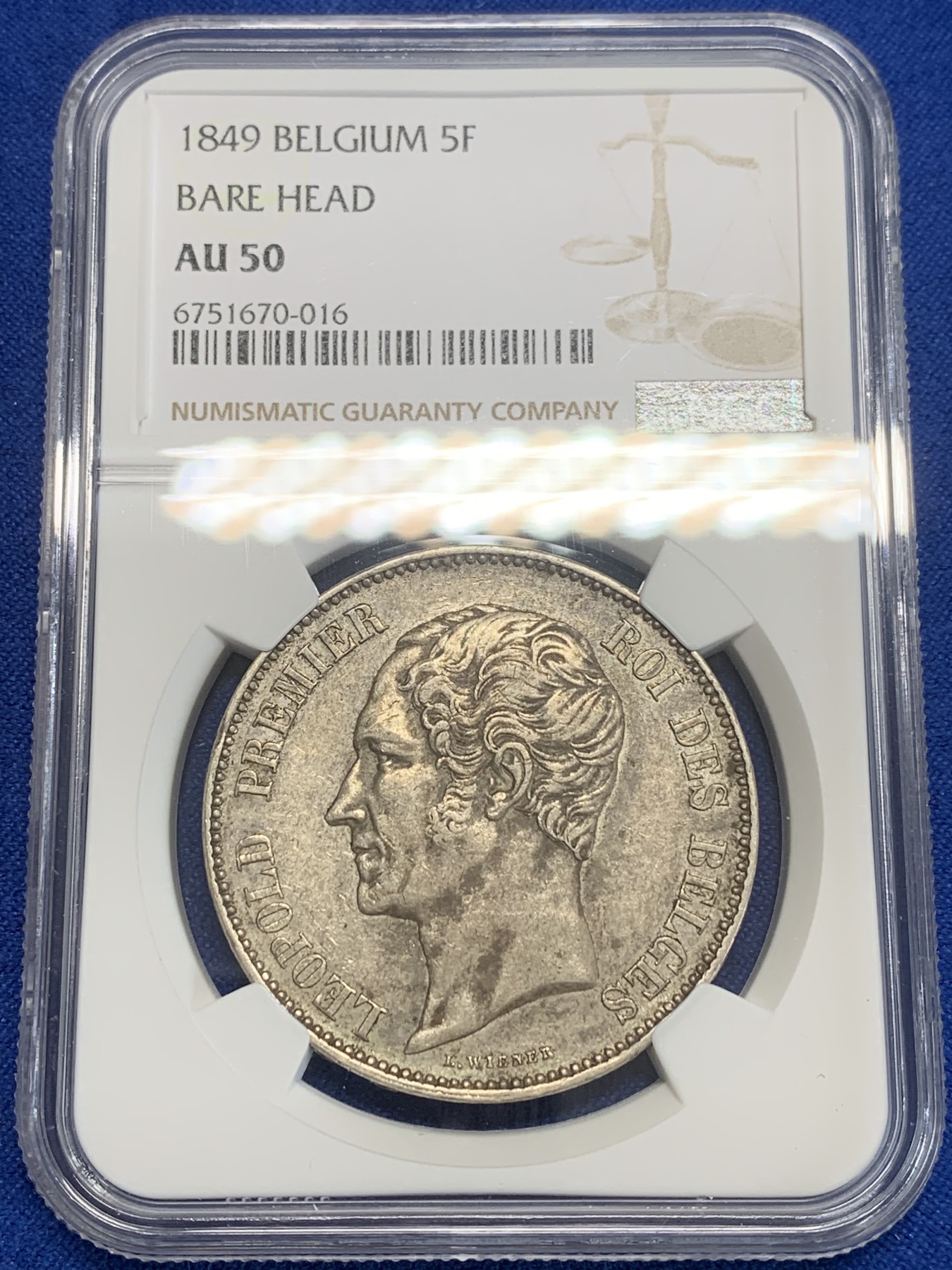 《竞宝斋》第209场-周日，周一 2场 (全场包邮) NGC-AU50 比利时1849年 利奥波德一世 5法郎 无冠版 流通品种 AU出分 已十分难得了