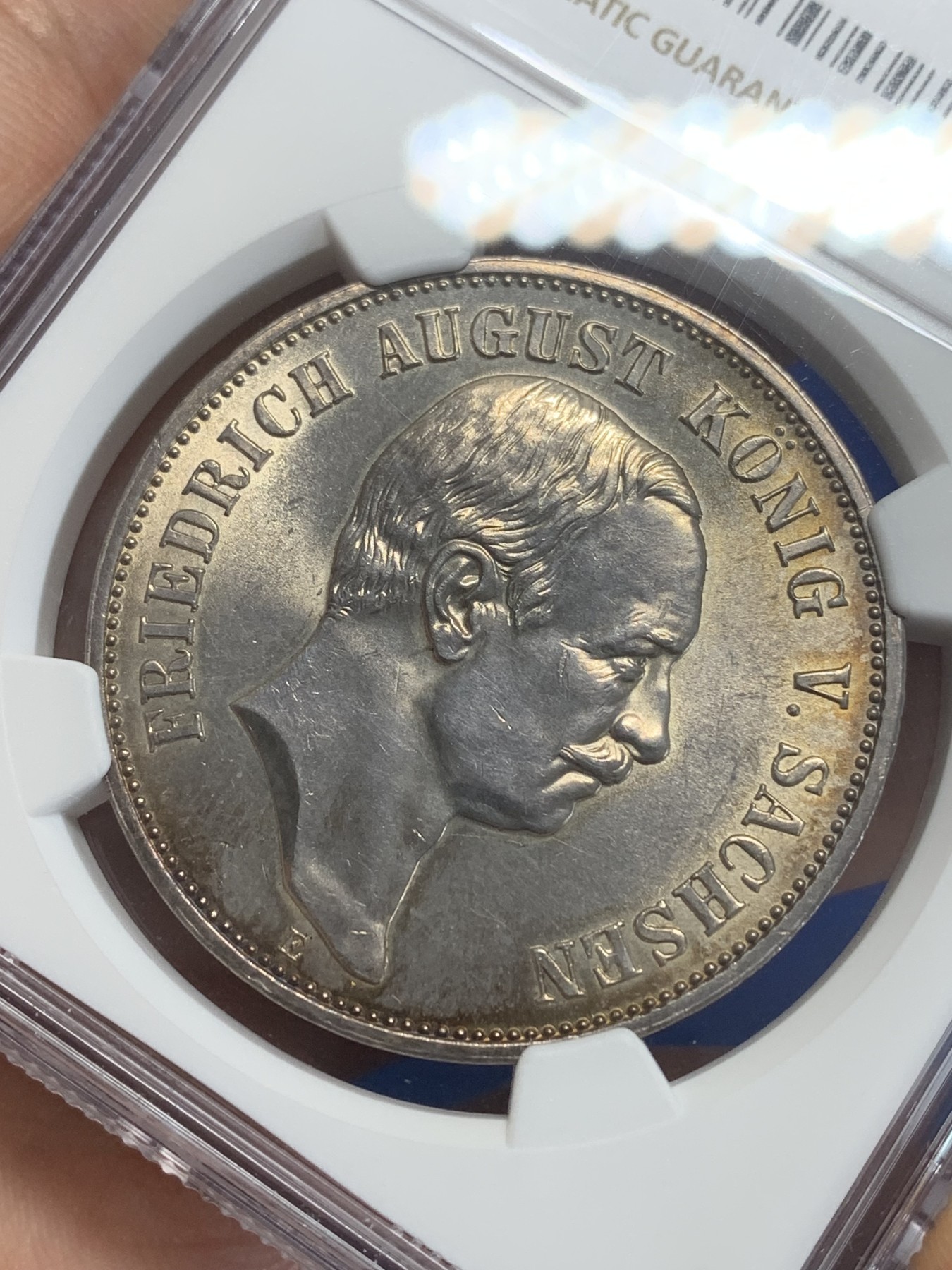 《竞宝斋》第209场-周日，周一 2场 (全场包邮) NGC-UNC 1914年 德国 萨克森王国 5马克大银币  金色包浆 细节很好