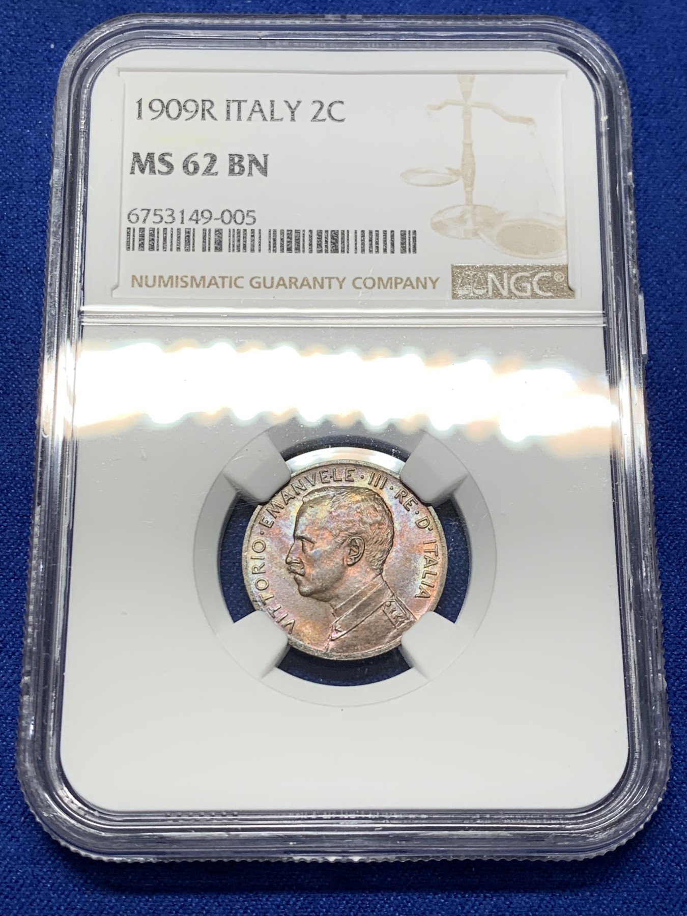 《竞宝斋》第209场-周日，周一 2场 (全场包邮) NGC MS62，意大利1909年，2分拿花铜币，早期年份