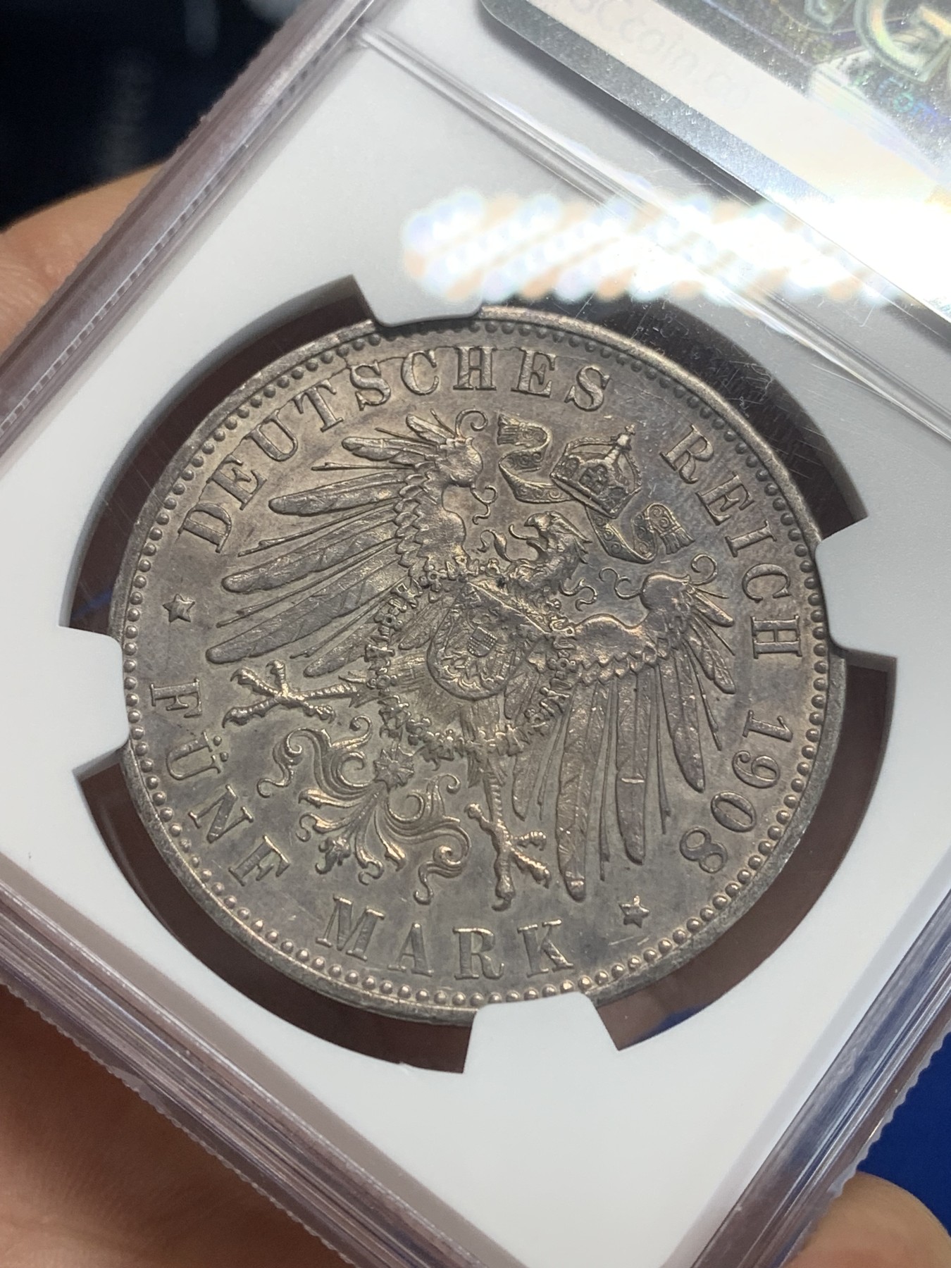 《竞宝斋》第209场-周日，周一 2场 (全场包邮) NGC-UNC 1908年 德国 符腾堡王国 5马克大银币  欧陆紫色包浆 细节很好 不给分可惜