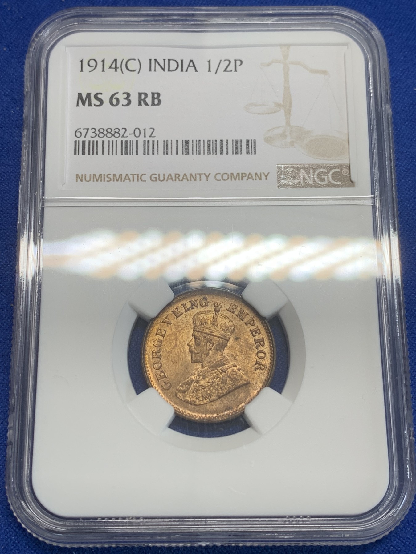 《竞宝斋》第209场-周日，周一 2场 (全场包邮) NGC-MS63RB 英属印度 1914年（C）乔治五世1/2派沙 1/2P铜币