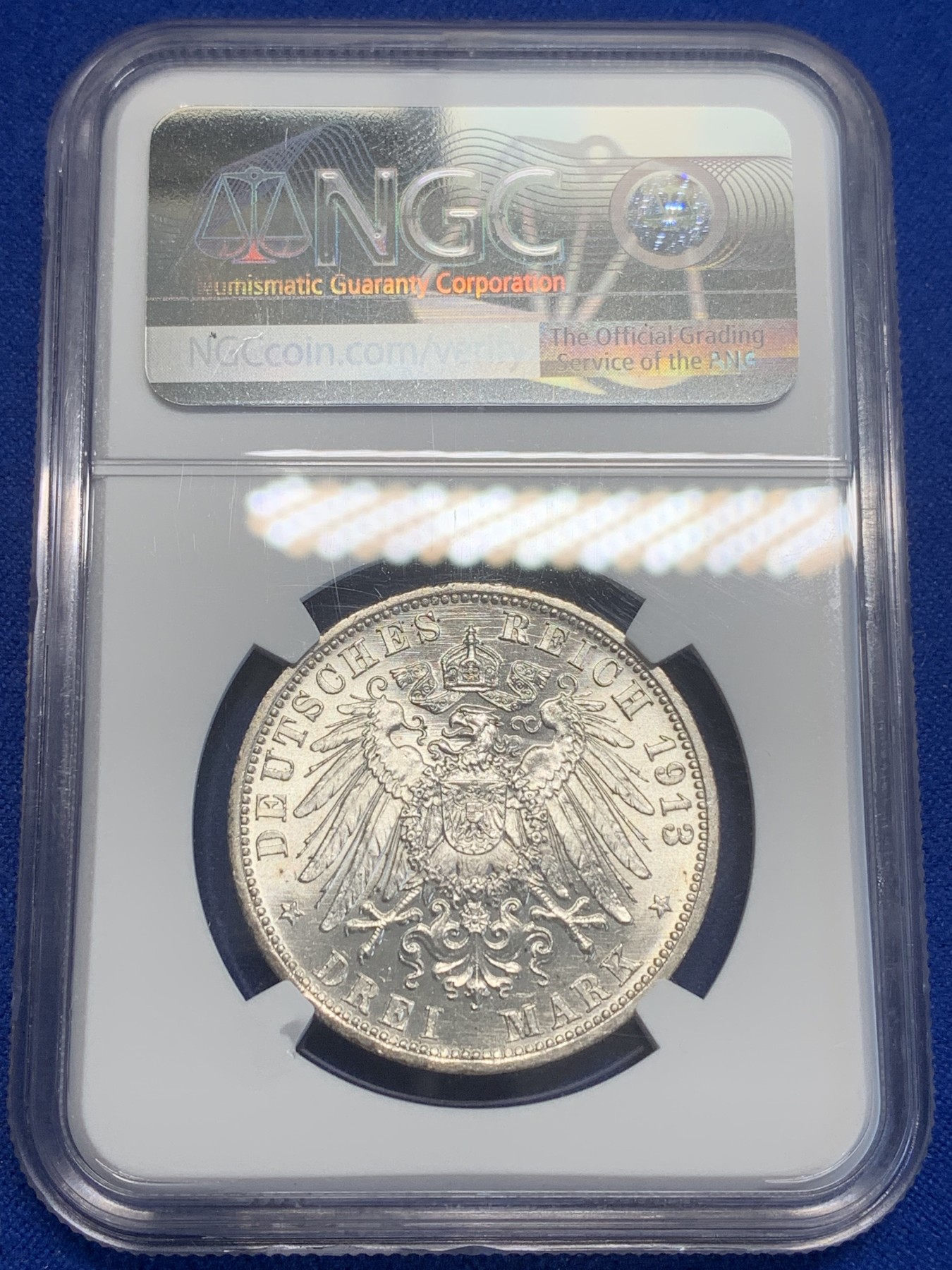 《竞宝斋》第209场-周日，周一 2场 (全场包邮) NGC-MS60 德国 1913年 威廉二世戎装3马克 银币