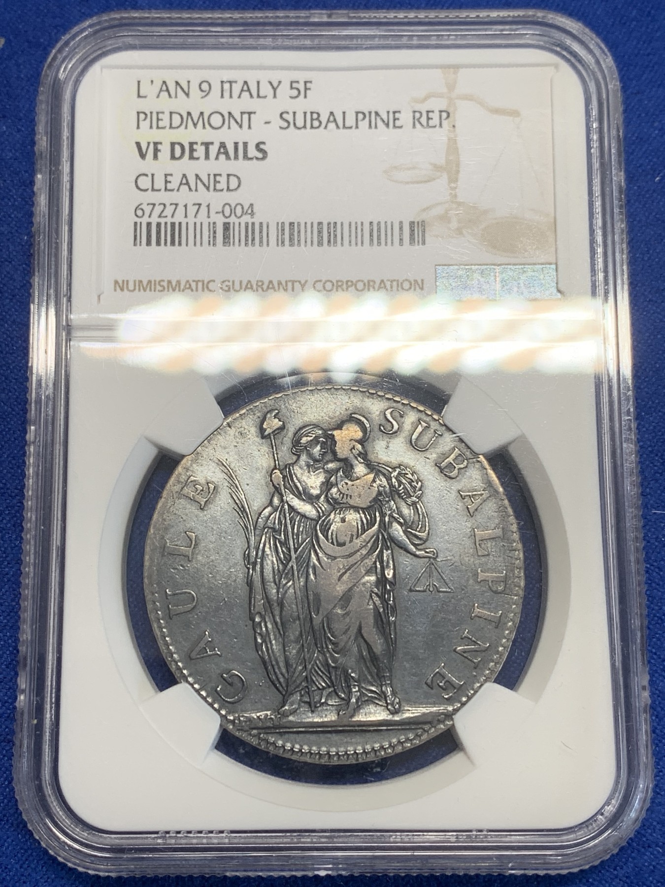 《竞宝斋》第209场-周日，周一 2场 (全场包邮) NGC VF 意大利 山南共和国 共和10年LAN9 5法郎银币 少见品种