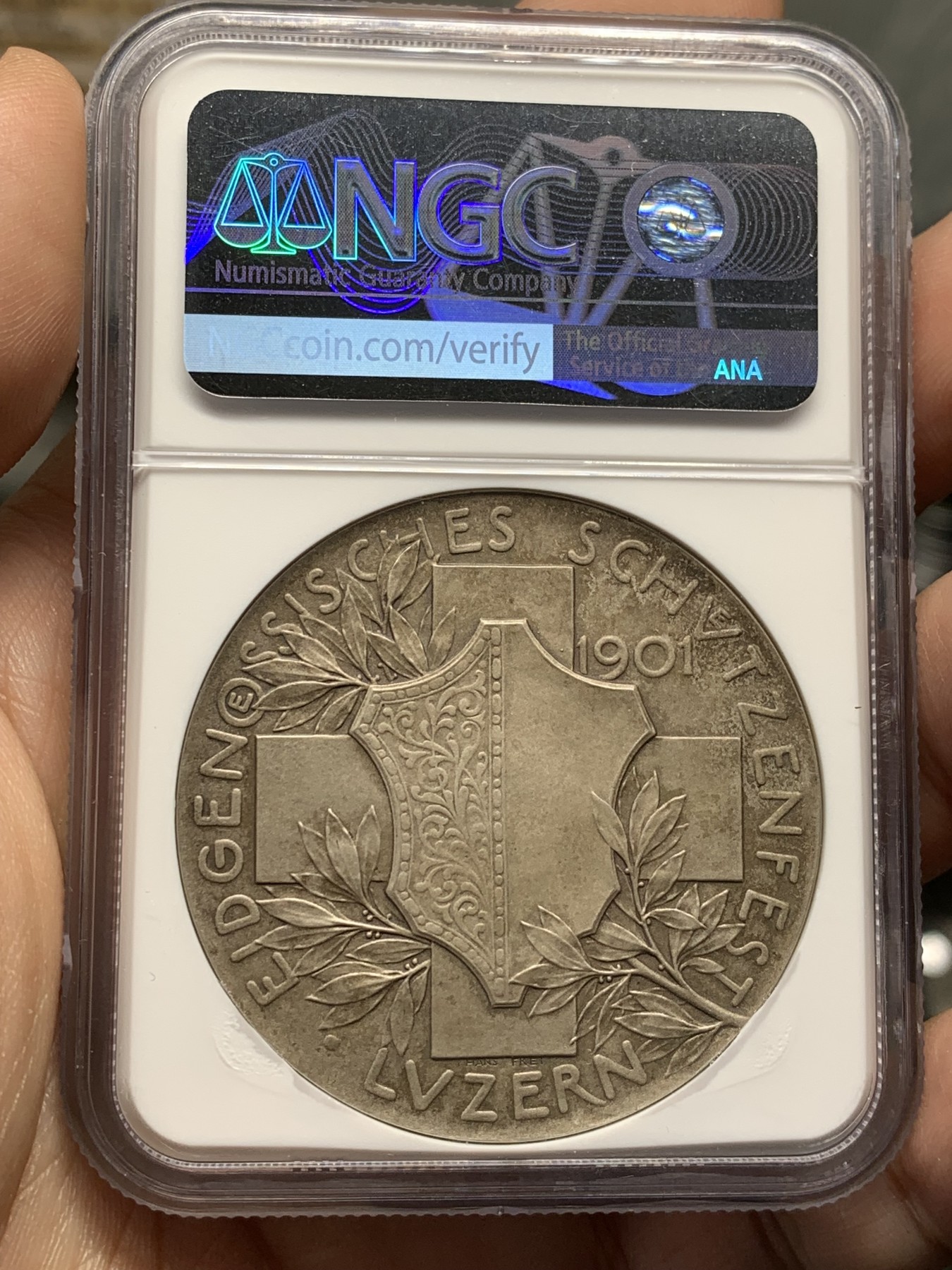 《竞宝斋》第209场-周日，周一 2场 (全场包邮) NGC MS62 瑞士1901 卢塞尔射击节银章 状态非常好的一枚