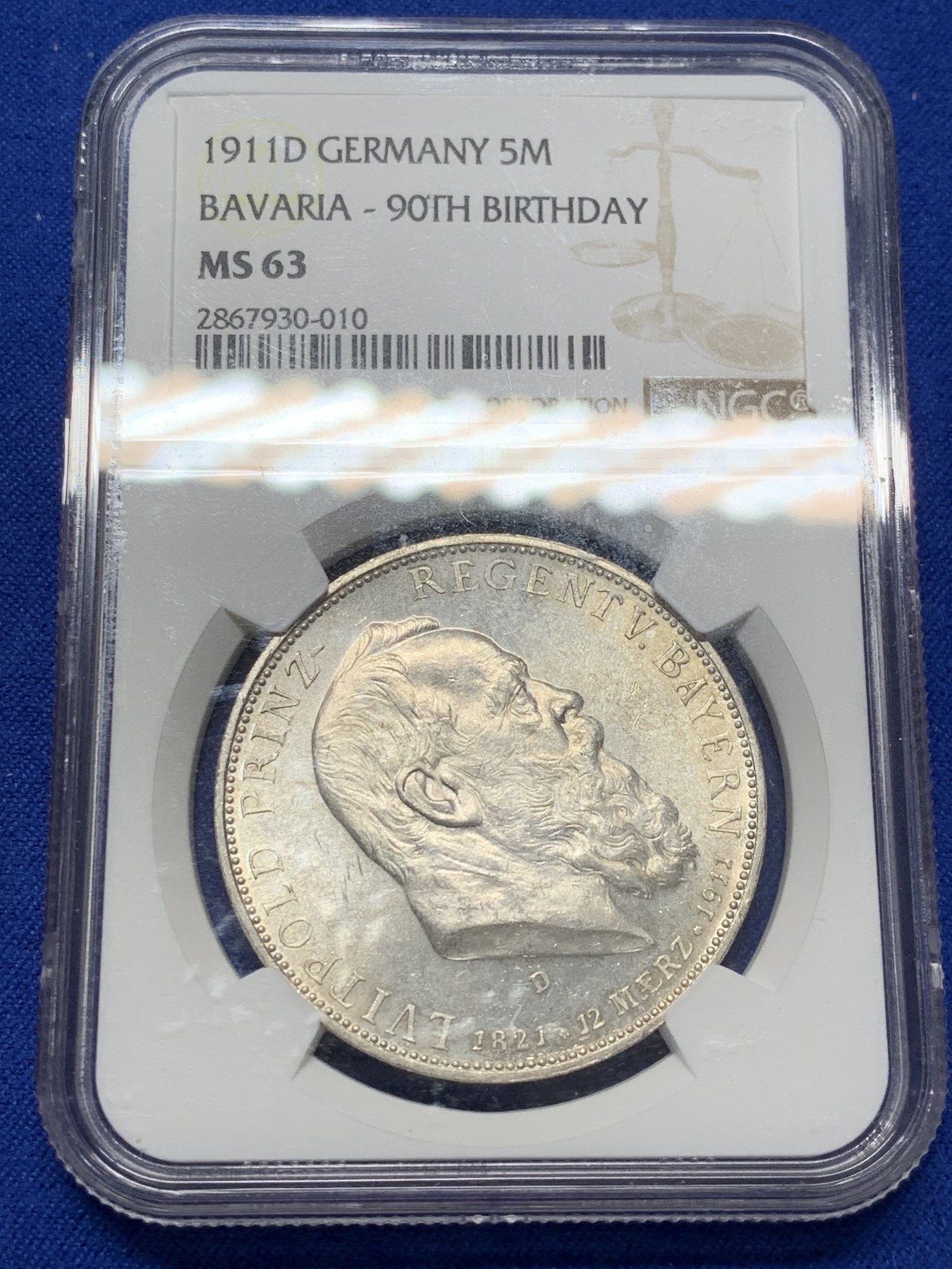 《竞宝斋》第209场-周日，周一 2场 (全场包邮) NGC-MS63 1911年  德国  巴伐利亚王国 5马克 利奥波德亲王90大寿纪念币 细节一流