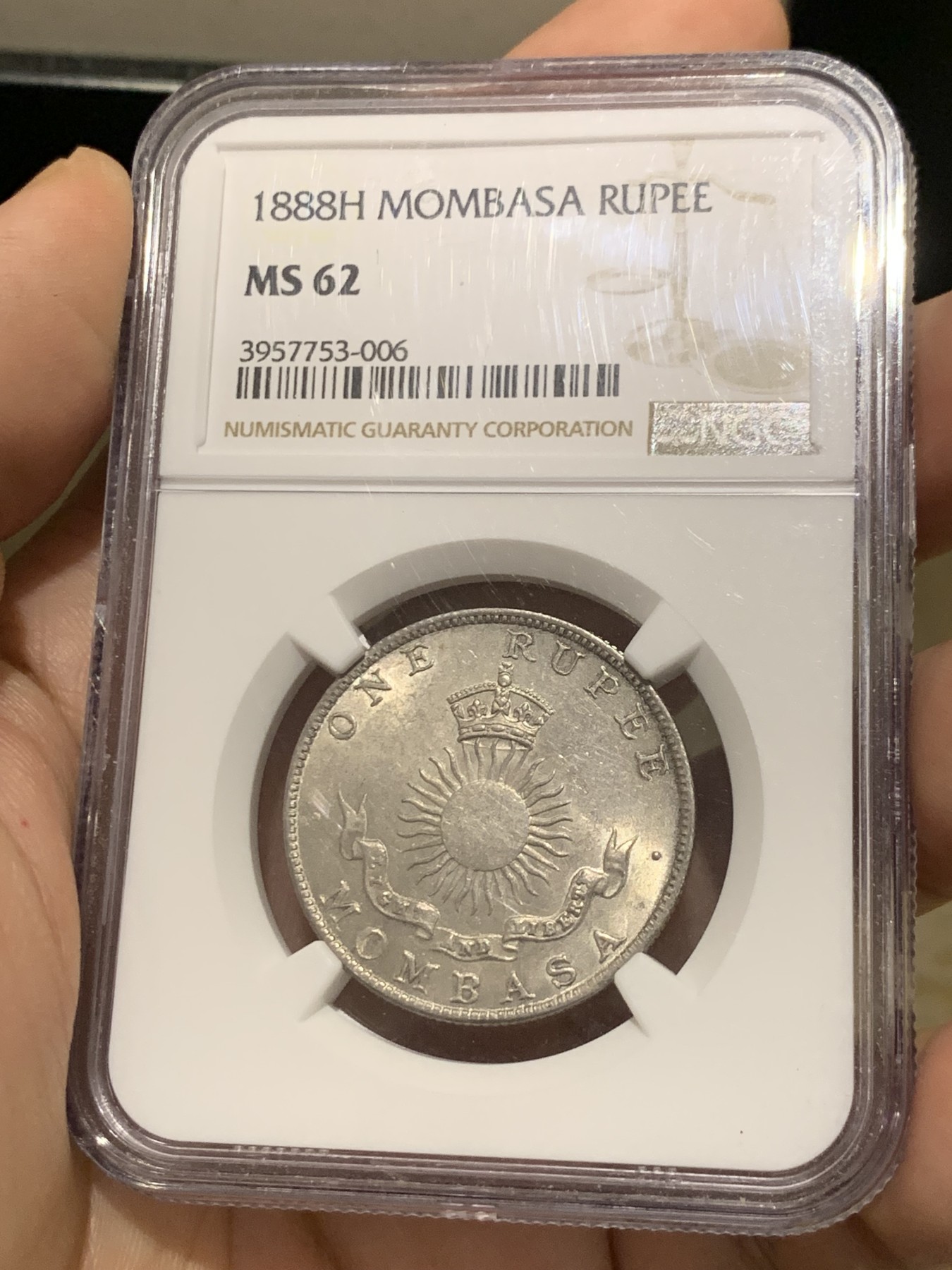 《竞宝斋》第209场-周日，周一 2场 (全场包邮) NGC-MS62 1888年蒙巴萨1卢比银币 东非著名港口，郑和留下过足迹